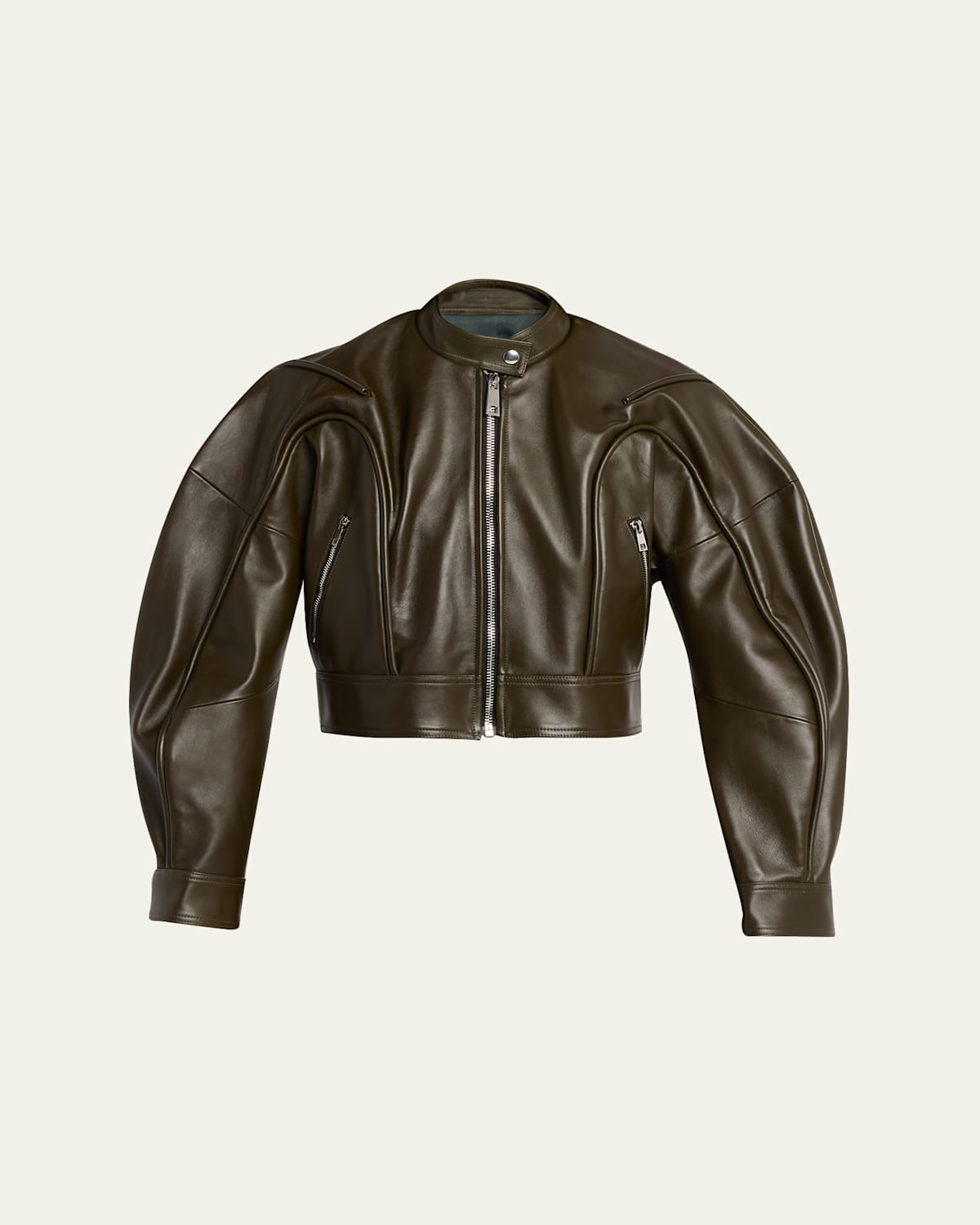 Zomer Tim Cropped Leather Biker Jacket In Green