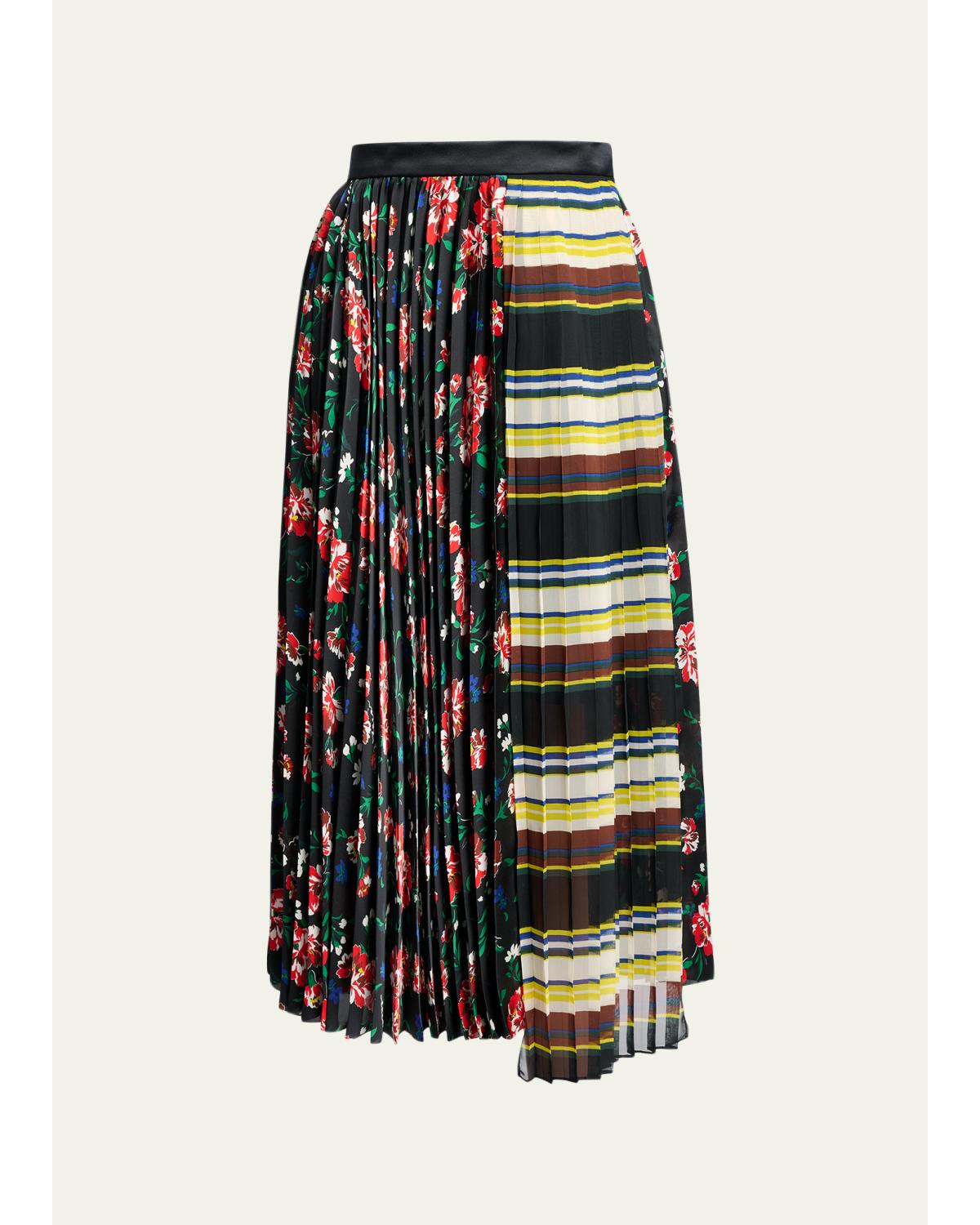 Mixed-Print Pleated Midi Skirt