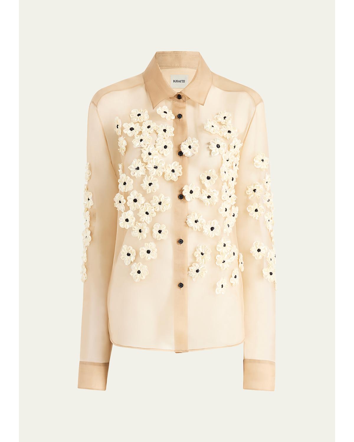 Argo Floral Applique Silk Button-Down Top