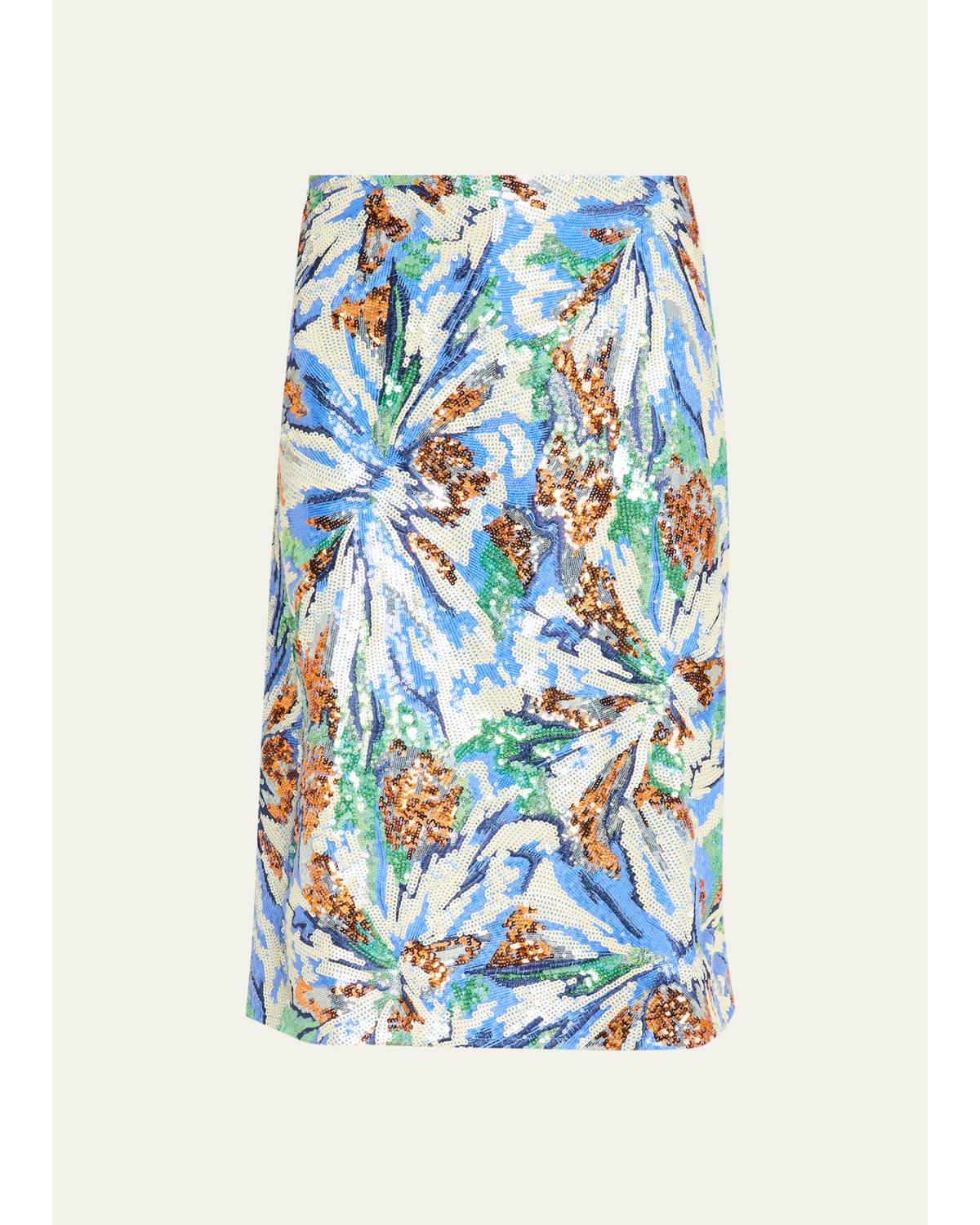 Sequined Abstract Floral Midi Skirt