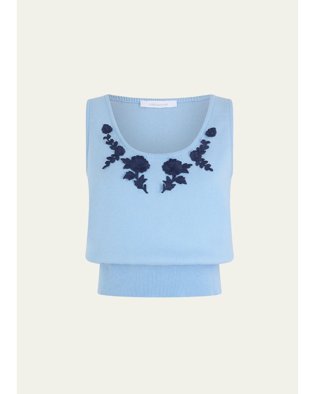 Floral Embroidered Rib Knit Sleeveless Sweater