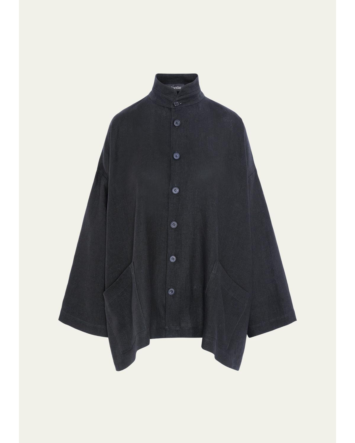 Heavyweight Linen Angle-To-Front Double Stand Collar Jacket