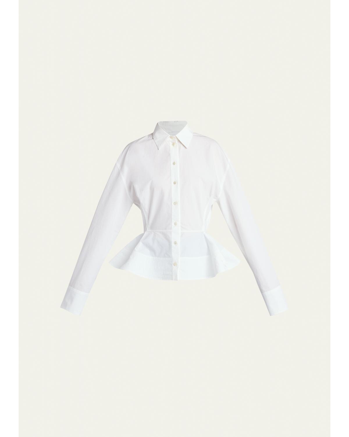 Cotton Poplin Button-Front Peplum Shirt
