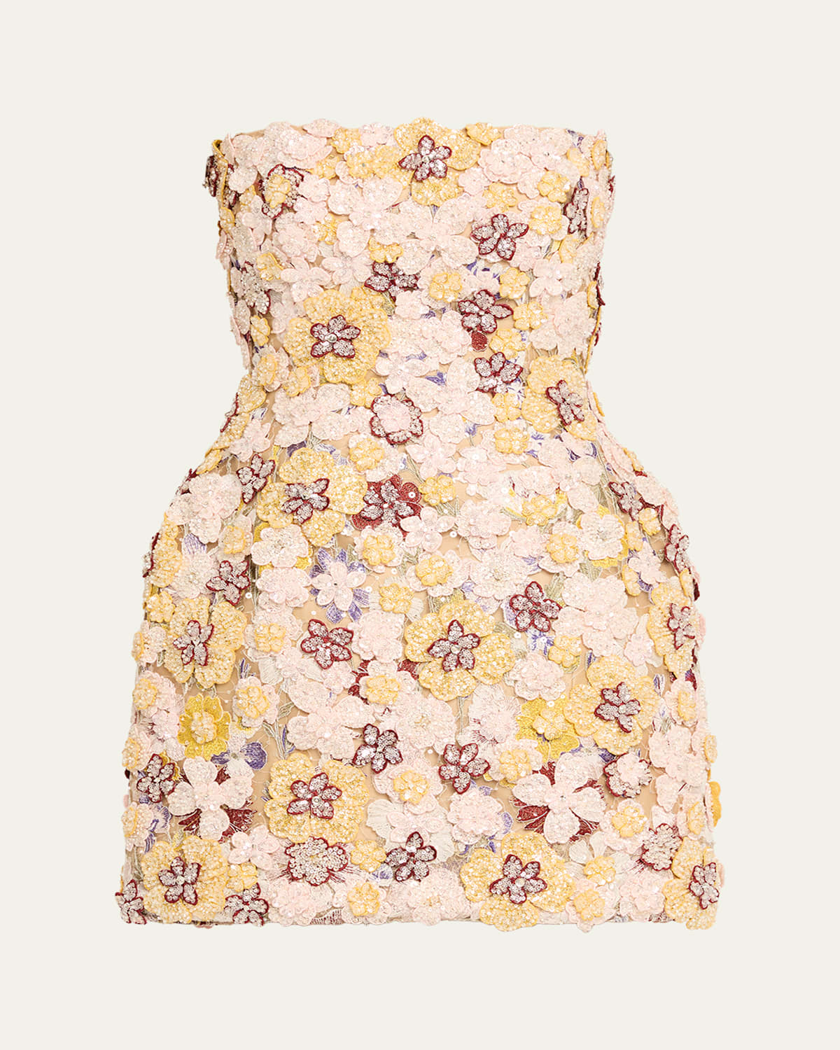 Costarellos Sirra Strapless Embroidered Floral Applique Mini Dress In Yellow