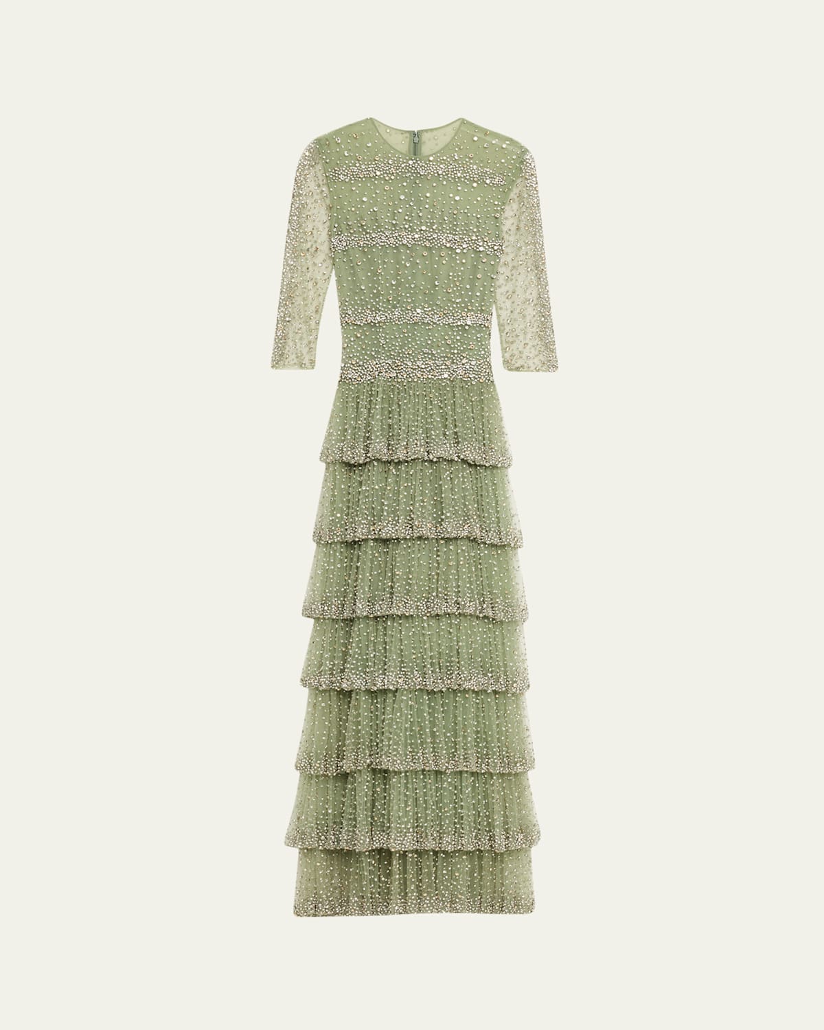 Costarellos Solene Crystal Tiered Ruffle Gown In Green