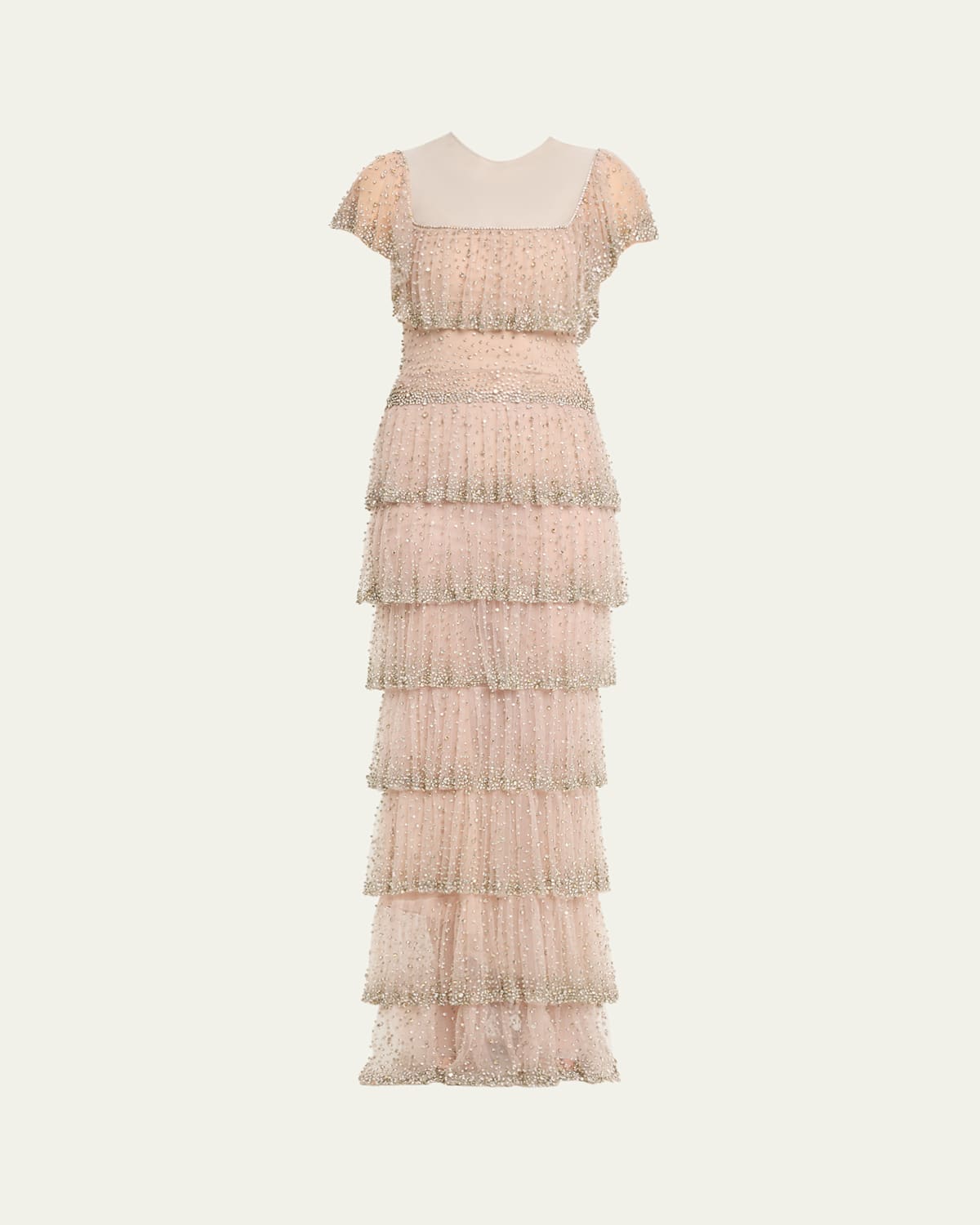 Costarellos Jesenia Crystal Ruffle Square-neck Illusion Gown In Pink
