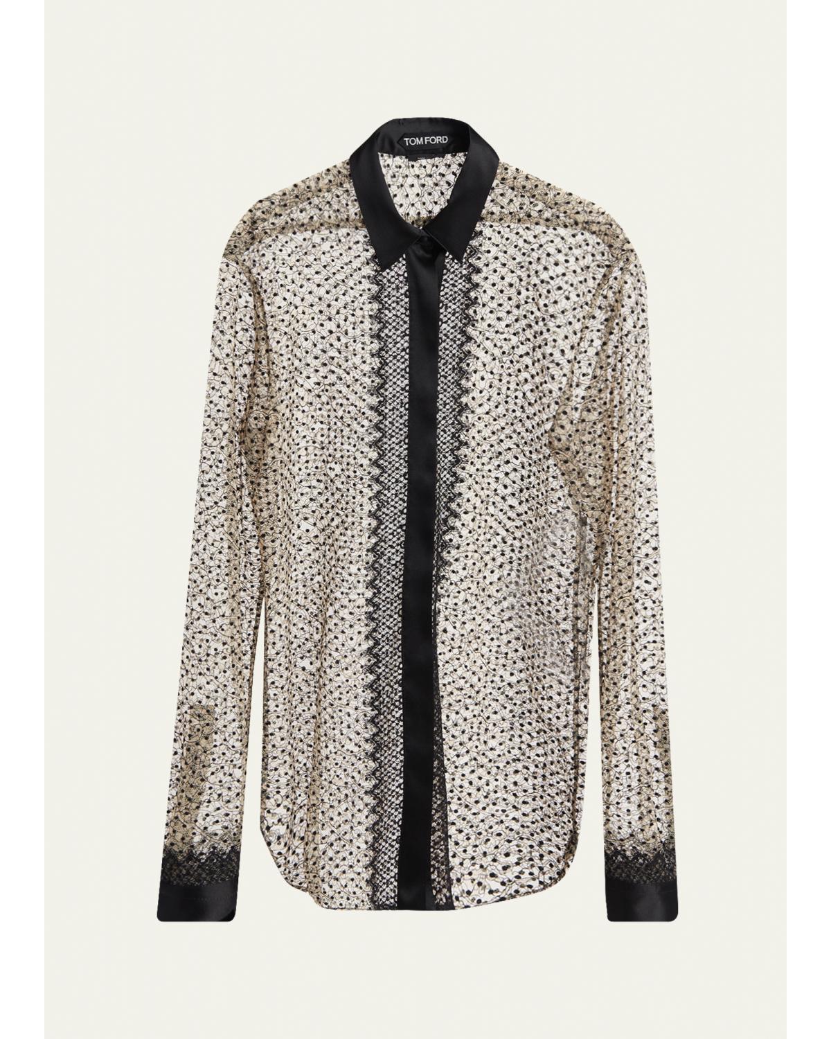 Polka-Dot Lace Button-Down Shirt