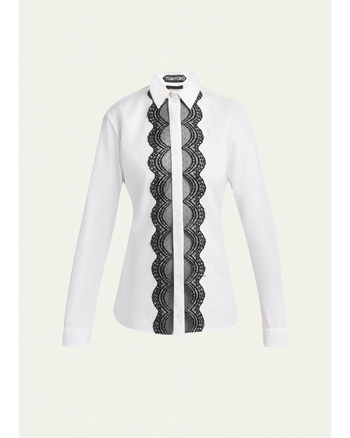 Scalloped Lace-Trim Button-Down Shirt