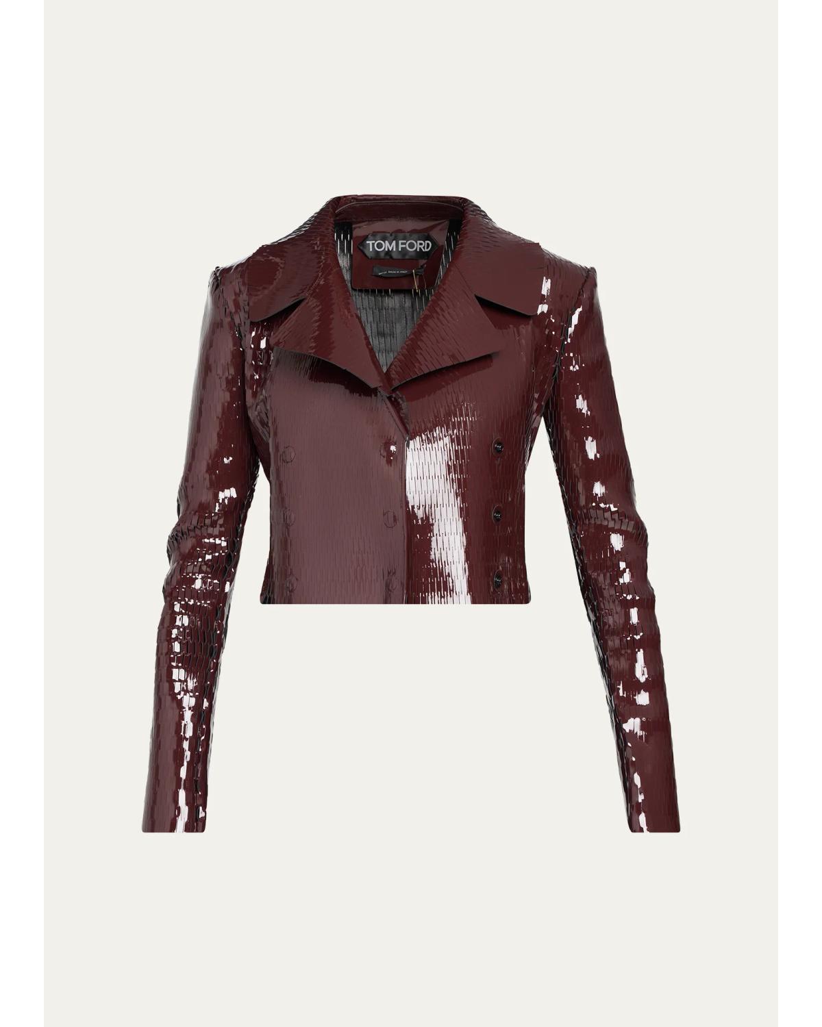 Perforated Patent Leather Crop Double-Breasted Jacket