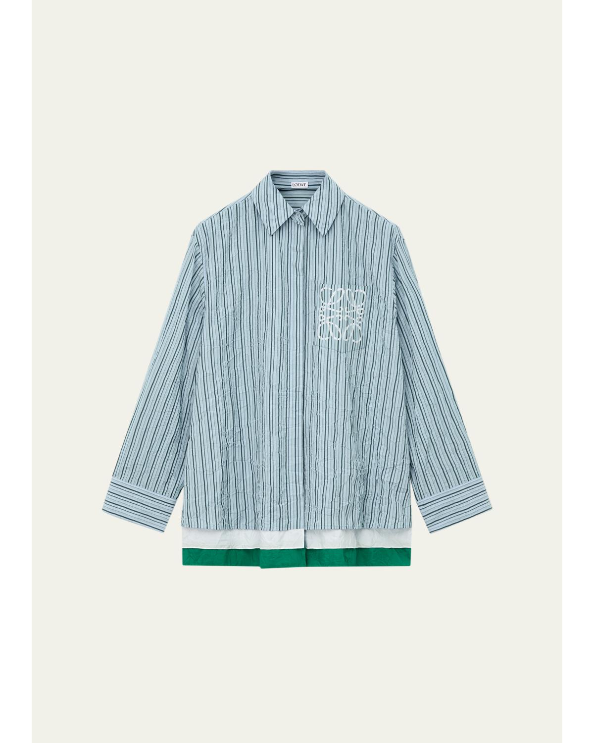 Striped Crinkled Cotton Button-Down Shirt