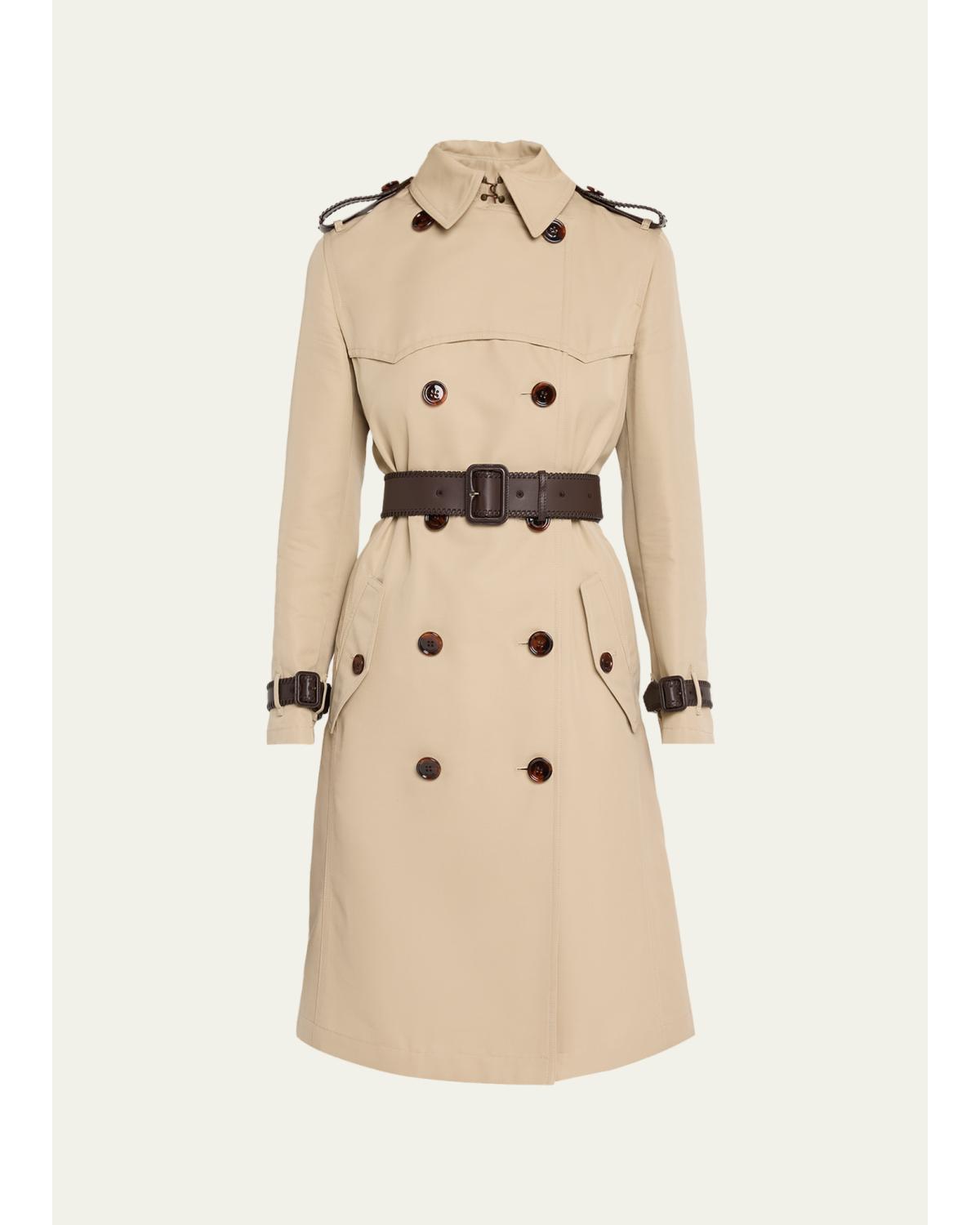 Foxfield Leather-Trim Double-Breasted Trench Coat