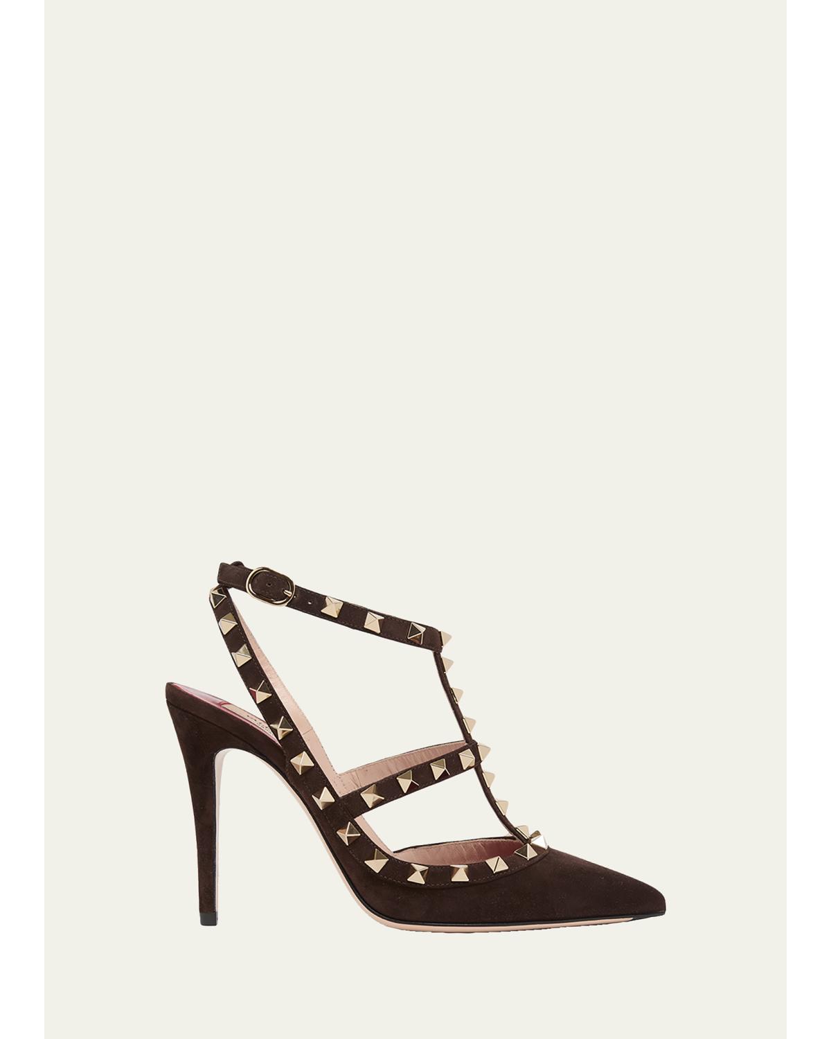 100mm Rockstud Suede Ankle-Strap Pumps