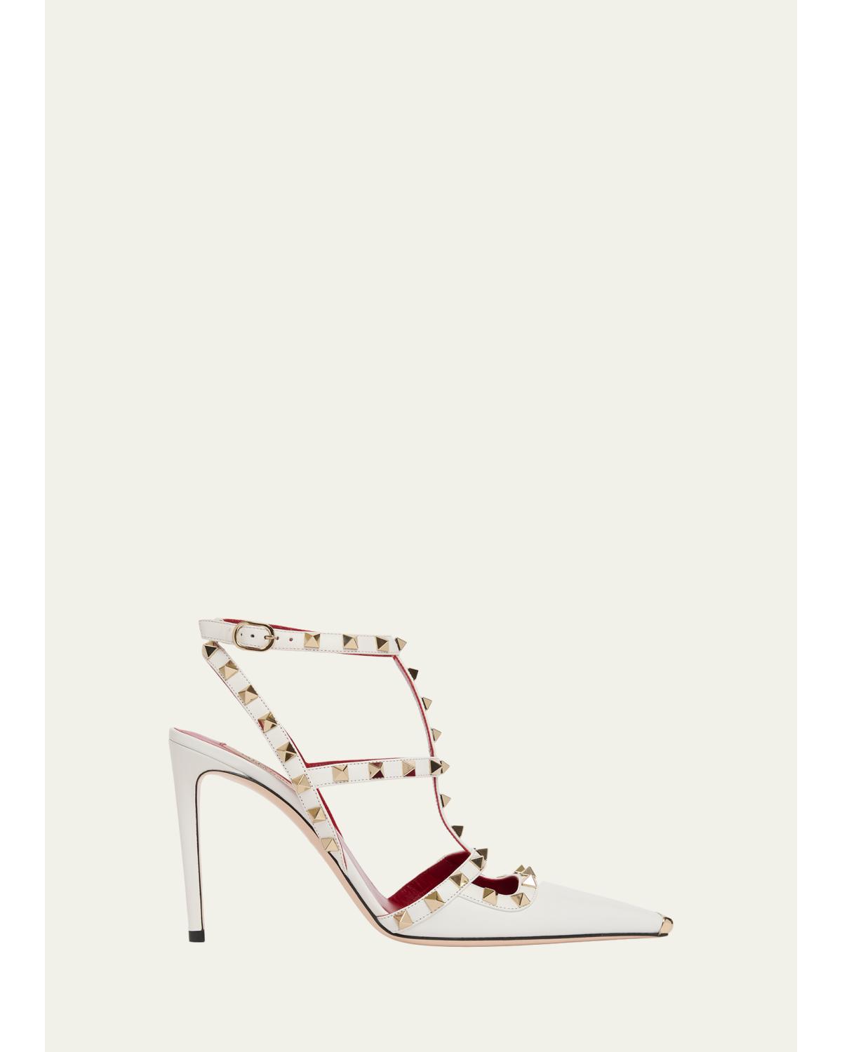 100Mm Rockstud Leather Ankle-Strap Pumps