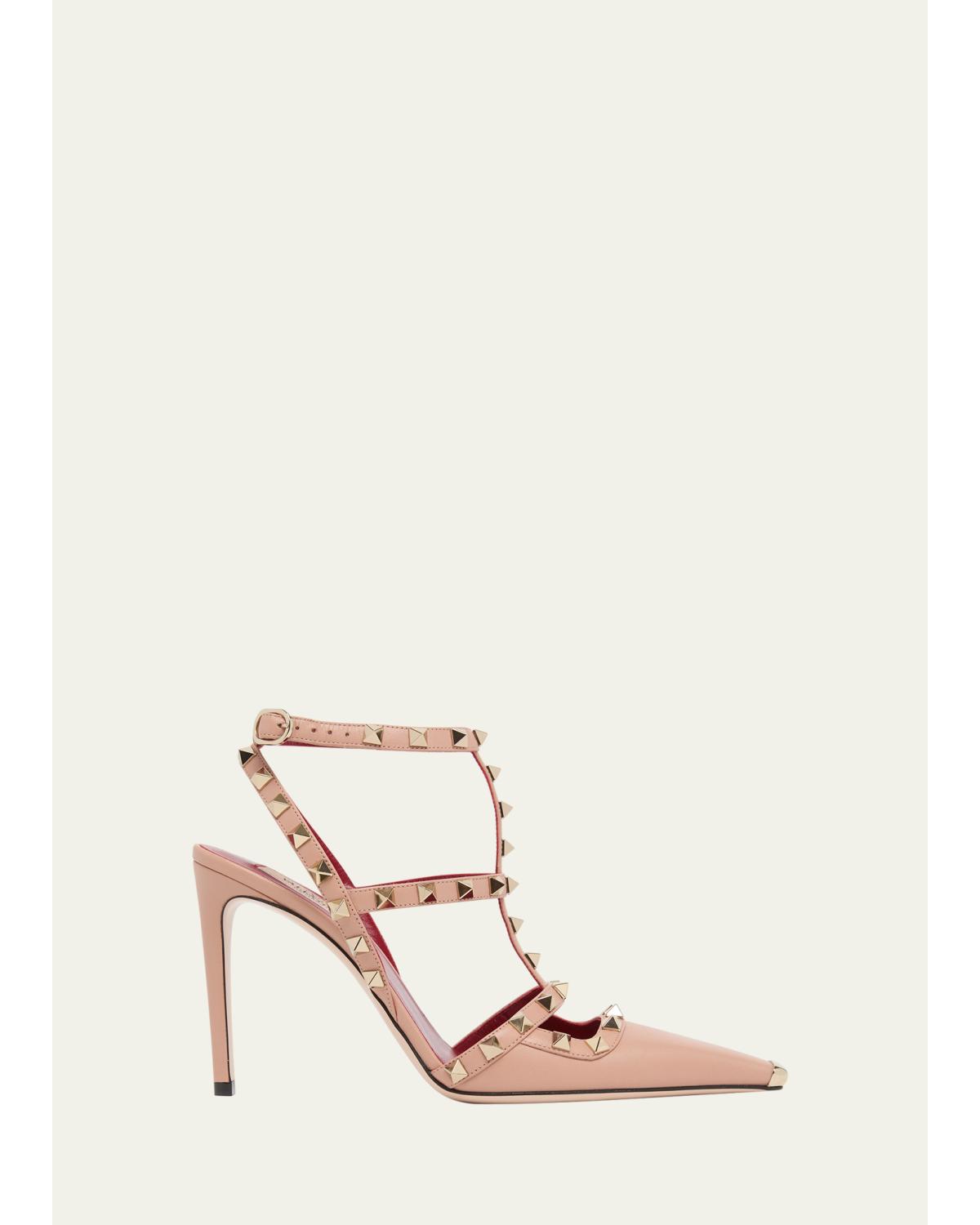 100mm Rockstud Leather Ankle-Strap Pumps