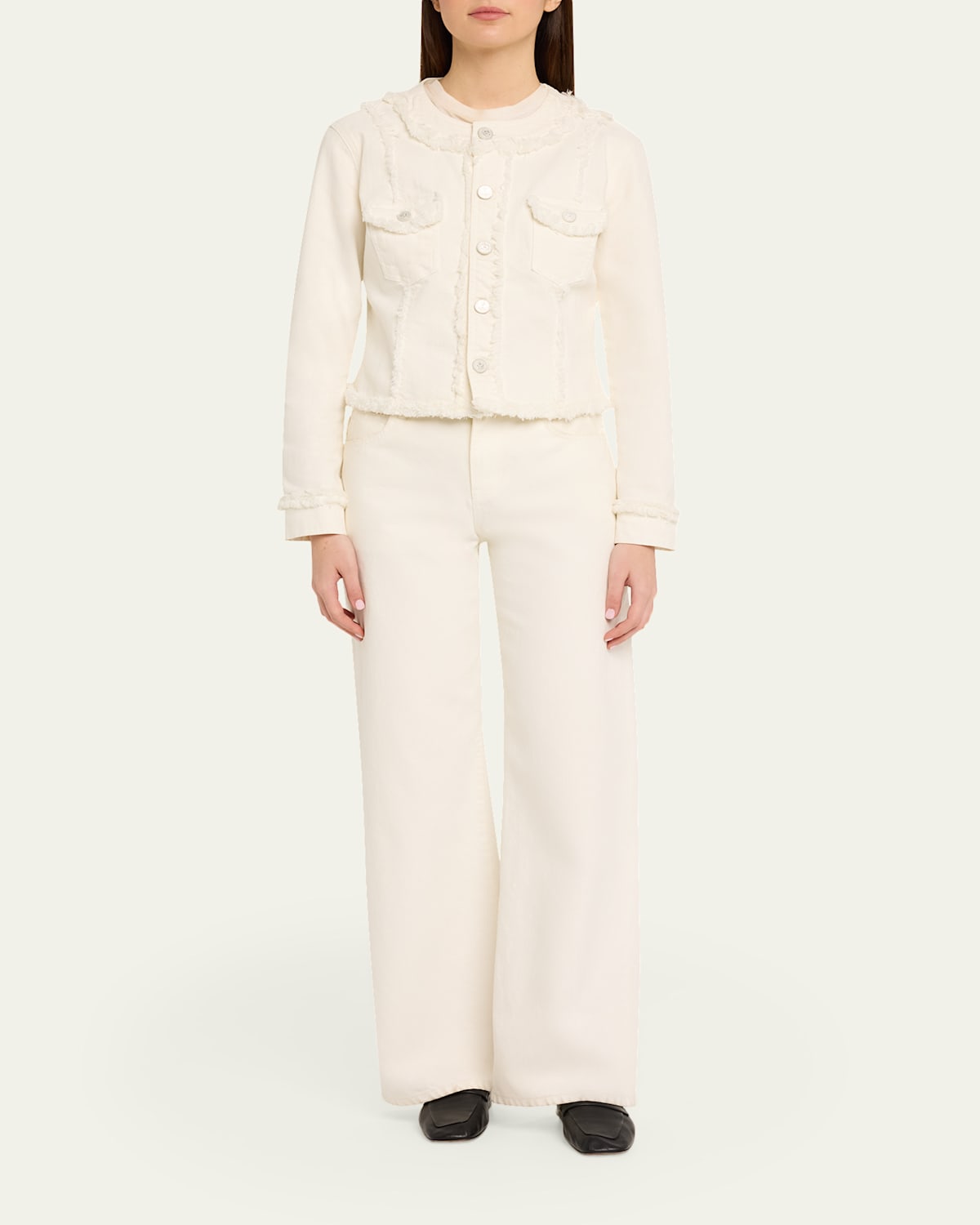Yarin Fringe-Trim Collarless Denim Jacket