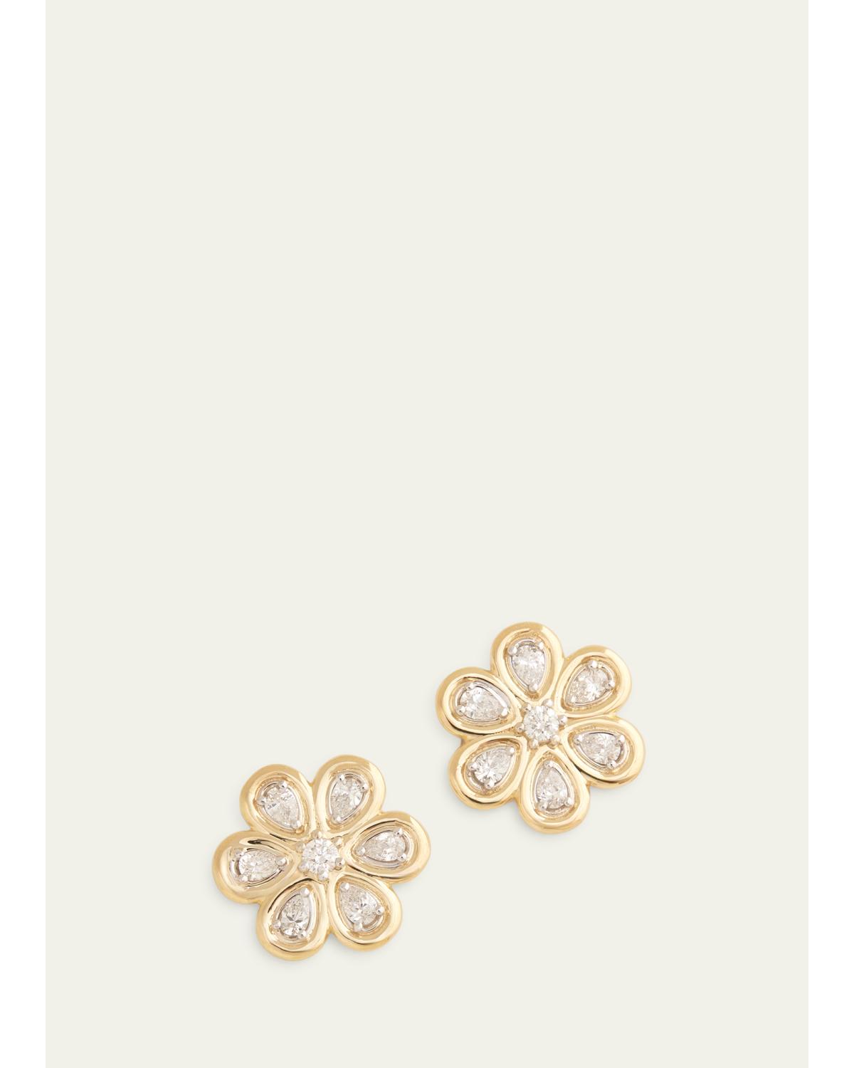 18K Yellow and White Gold Floral Stud Earrings with Diamonds