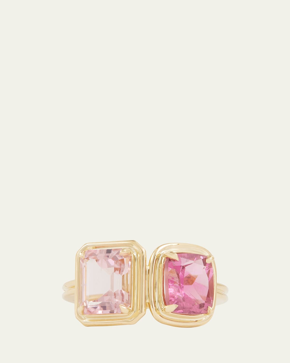 18K Yellow Gold Emerald And Cushion Cut Pink Tourmaline Ring With Double Band