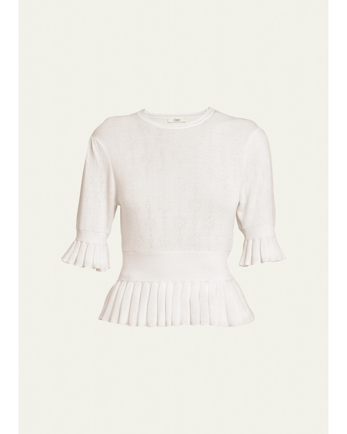 Short-Sleeve Pointelle Kit Ruffle Crewneck Sweater