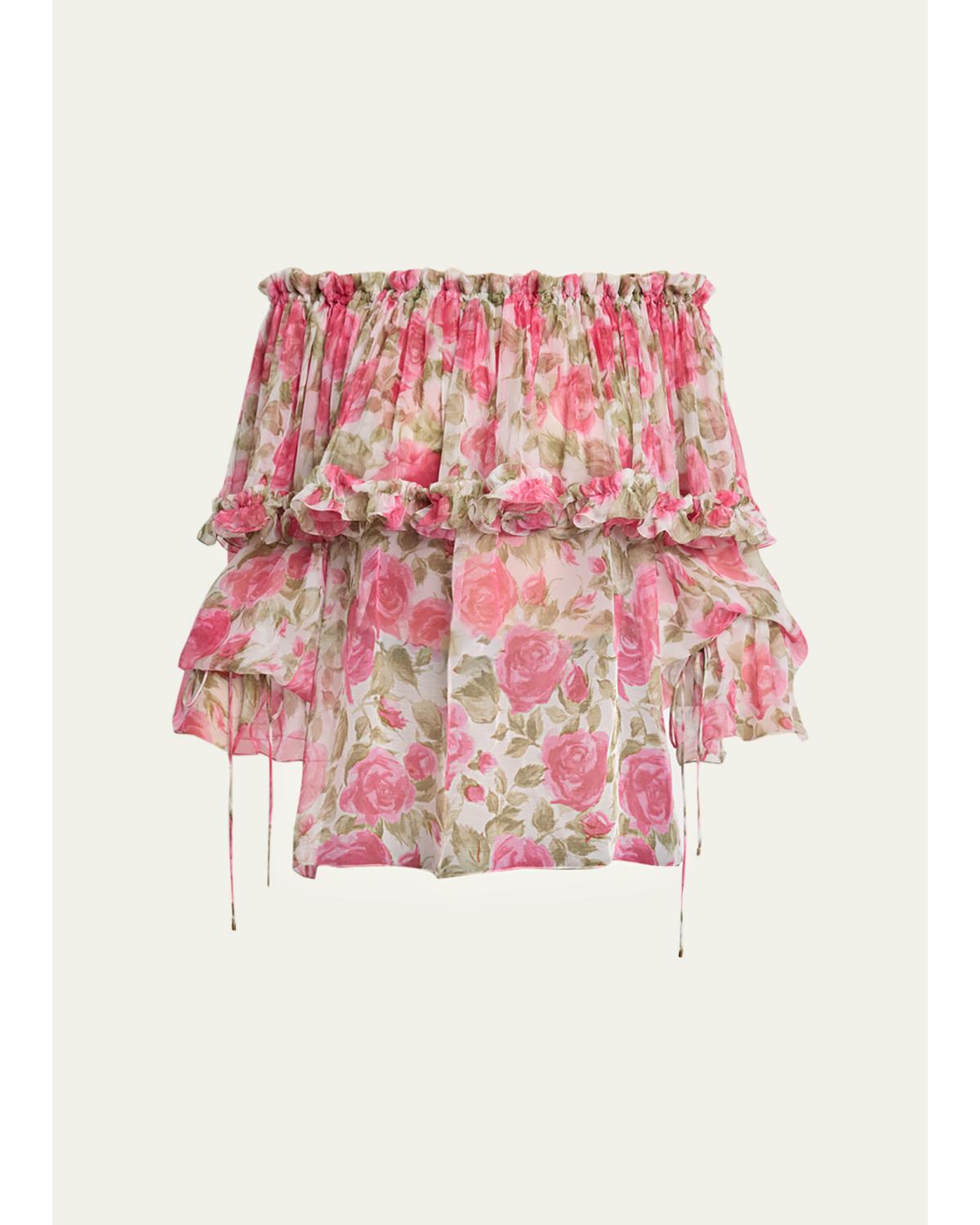Floral Silk Off-The-Shoulder Ruffle Top