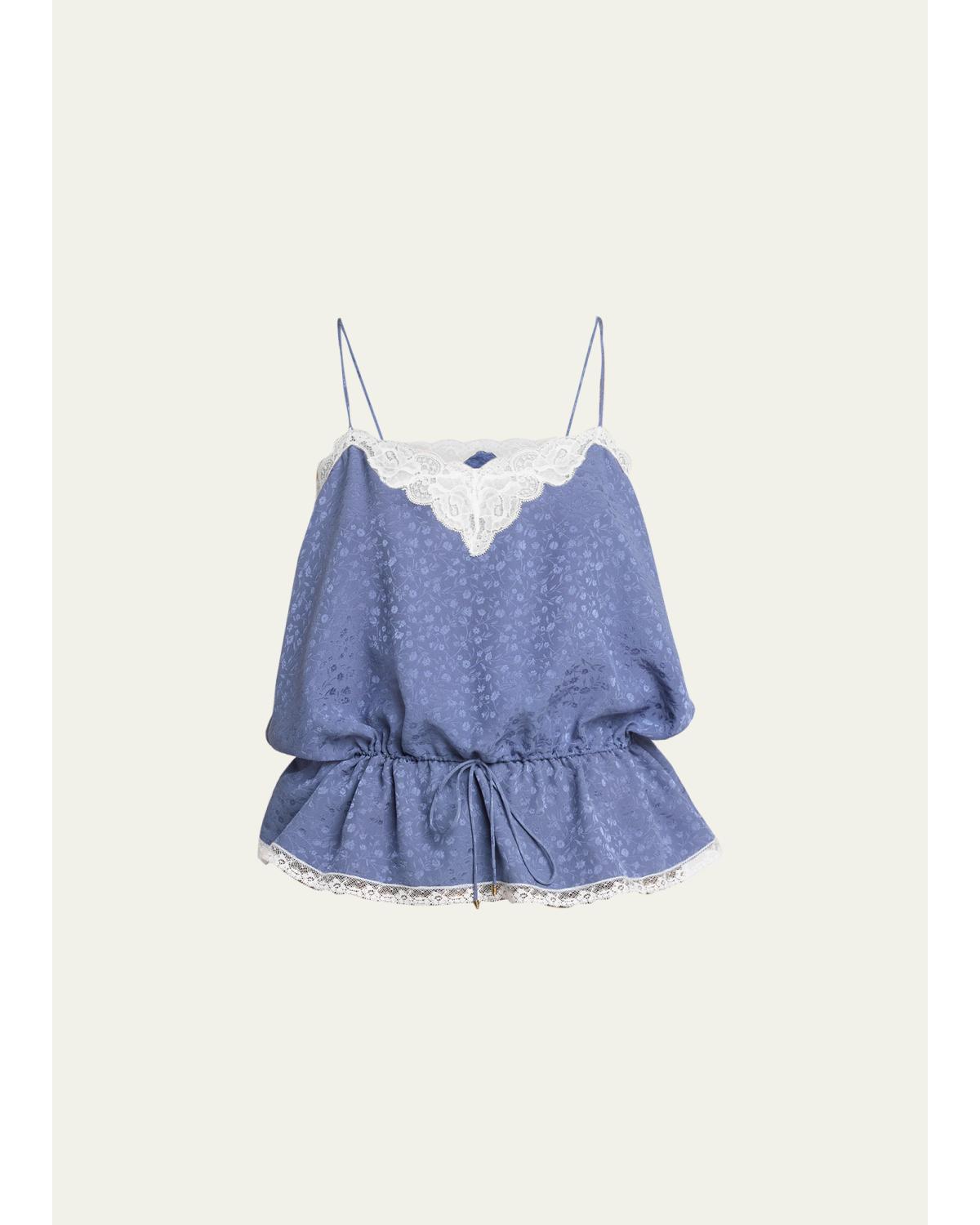 Lace-Trim Floral Silk Jacquard Sleeveless Top