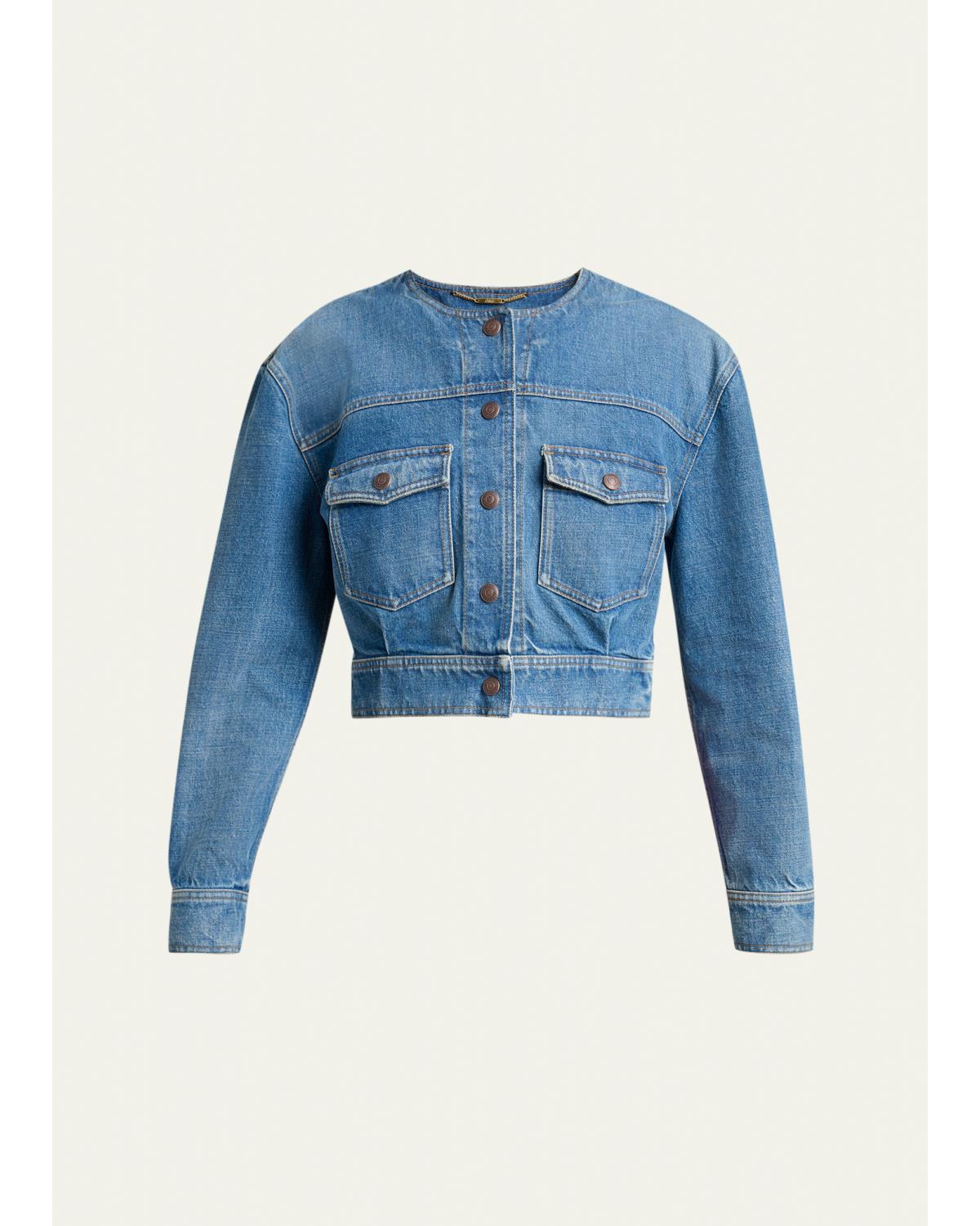 Collarless Denim Crop Jacket