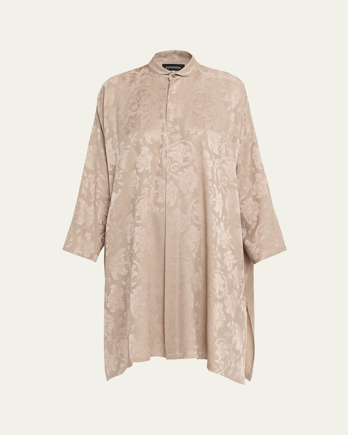 Eskandar Wide A-line Double Stand Collar Shirt - Very Long Length With Slits In Gray
