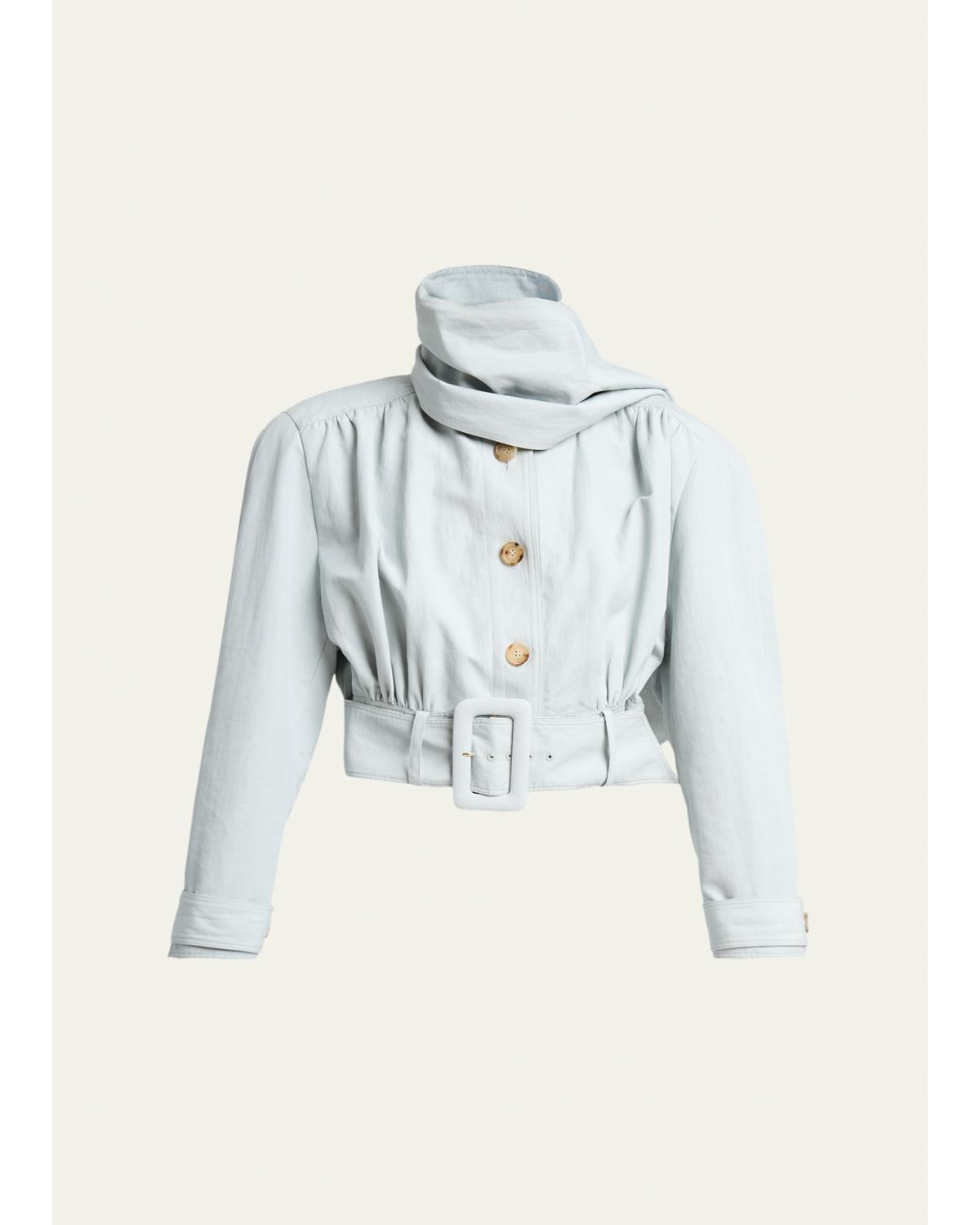 Neck-Scarf Belted Linen Crop Jacket