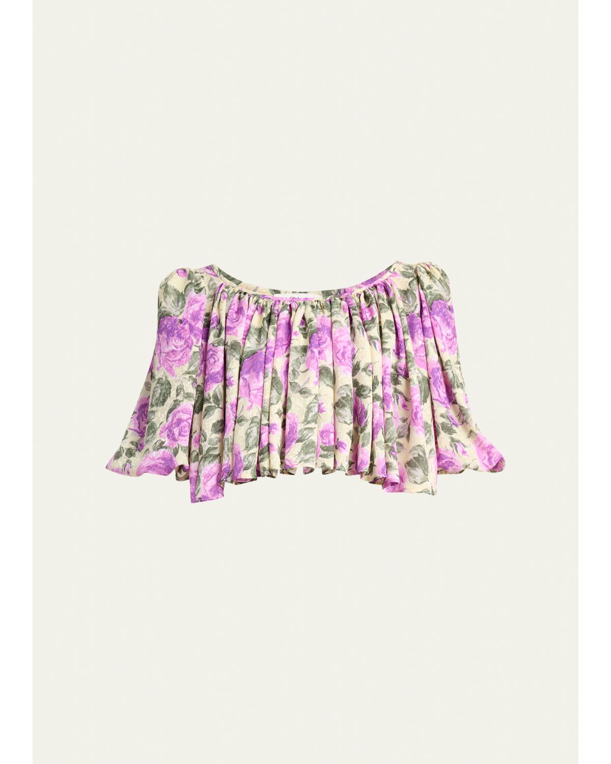 Floral Silk Puff-Sleeve Ruffle Crop Top