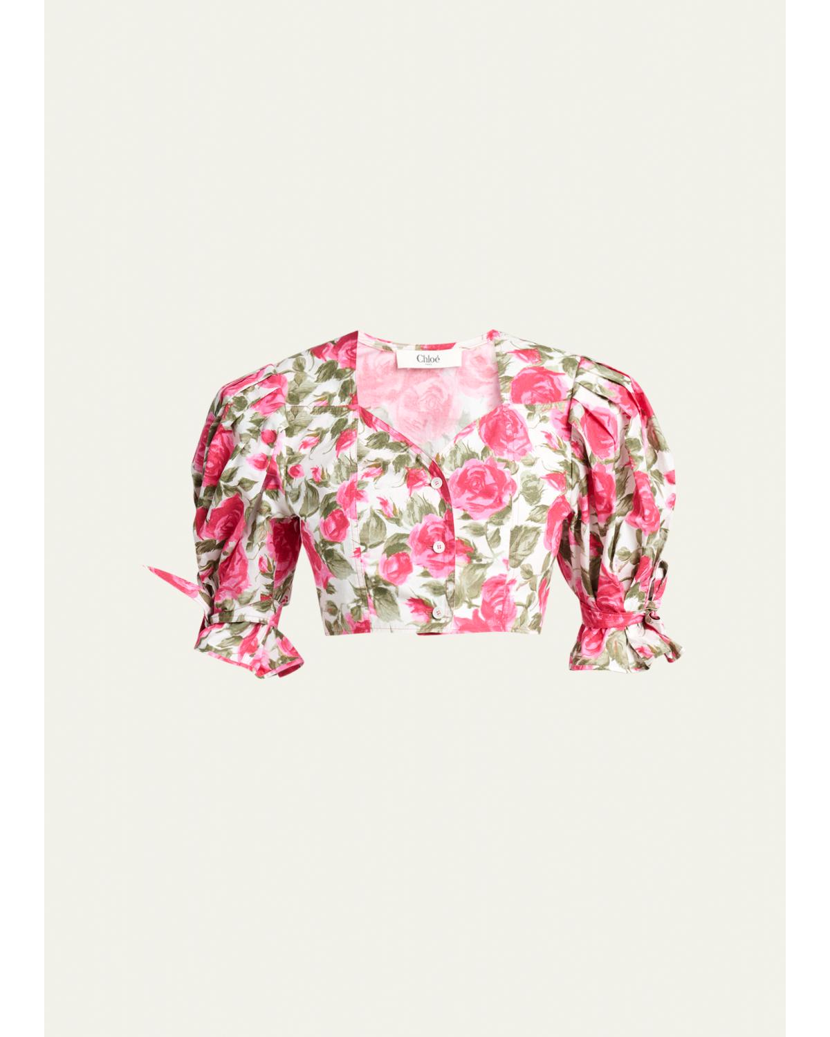 Floral Cotton Puff-Sleeve Button-Front Crop Top
