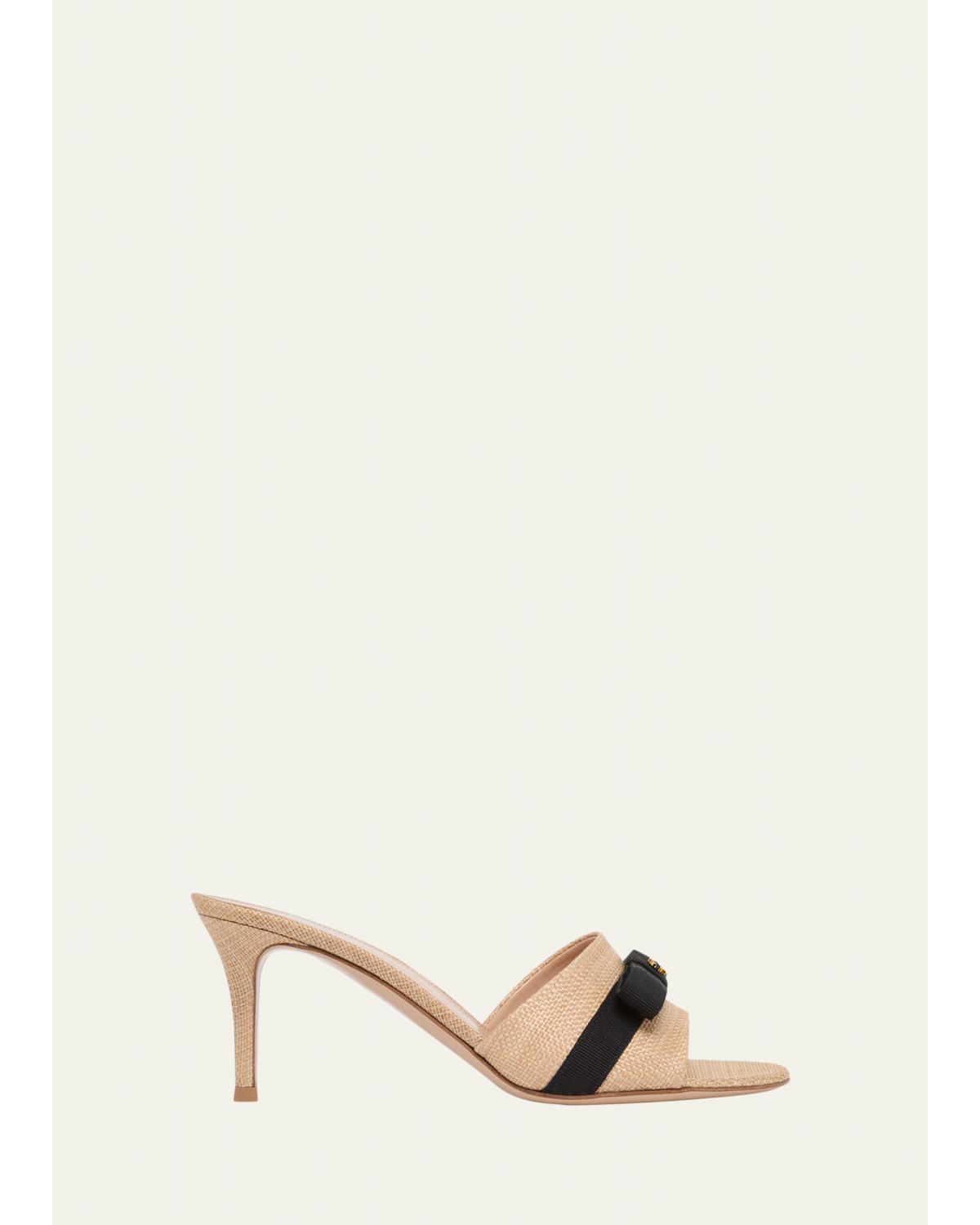 70Mm Raffia Bow Mule Sandals
