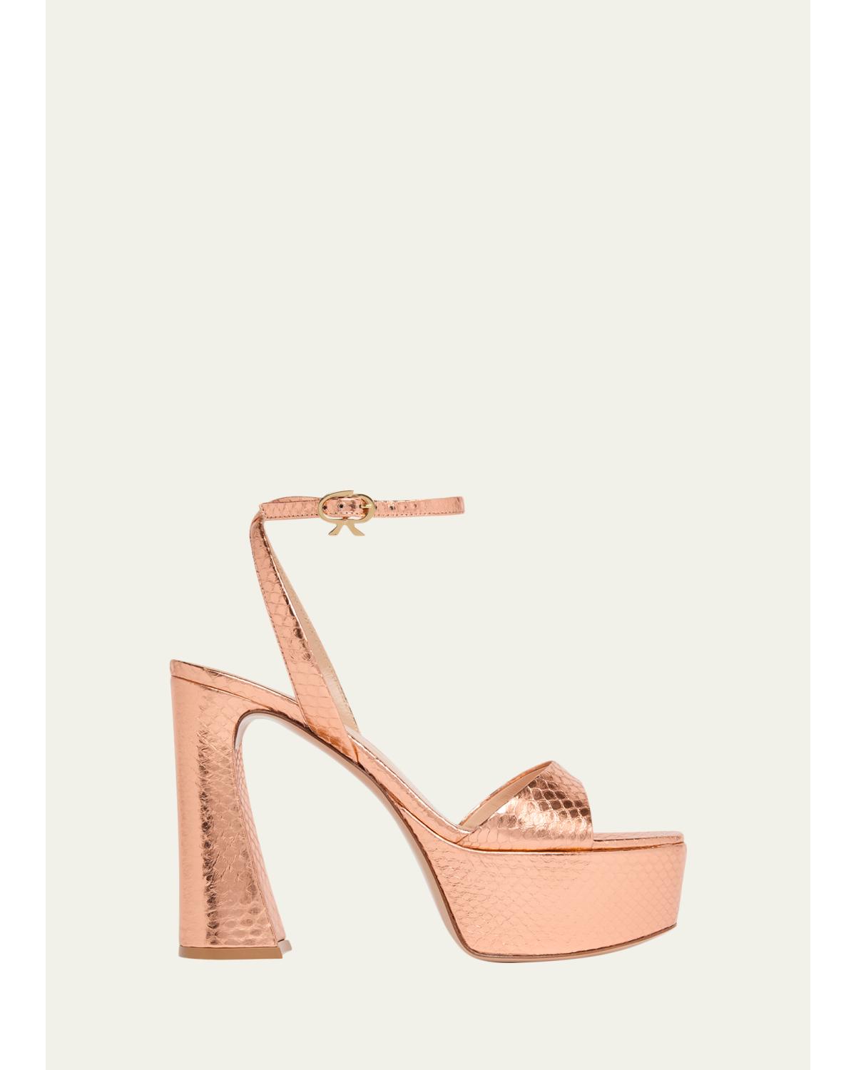 70mm Platform Metallic Snakeskin Leather Sandals
