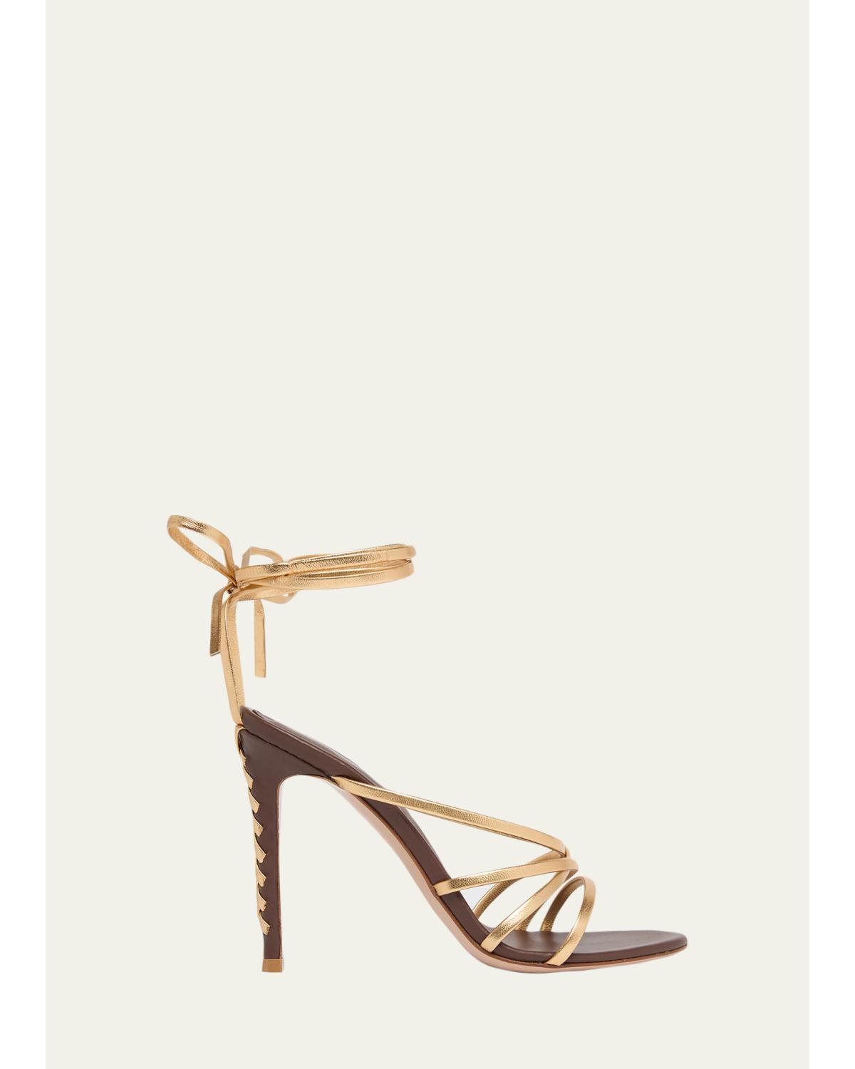 105Mm Metallic Leather Ankle-Tie Sandals