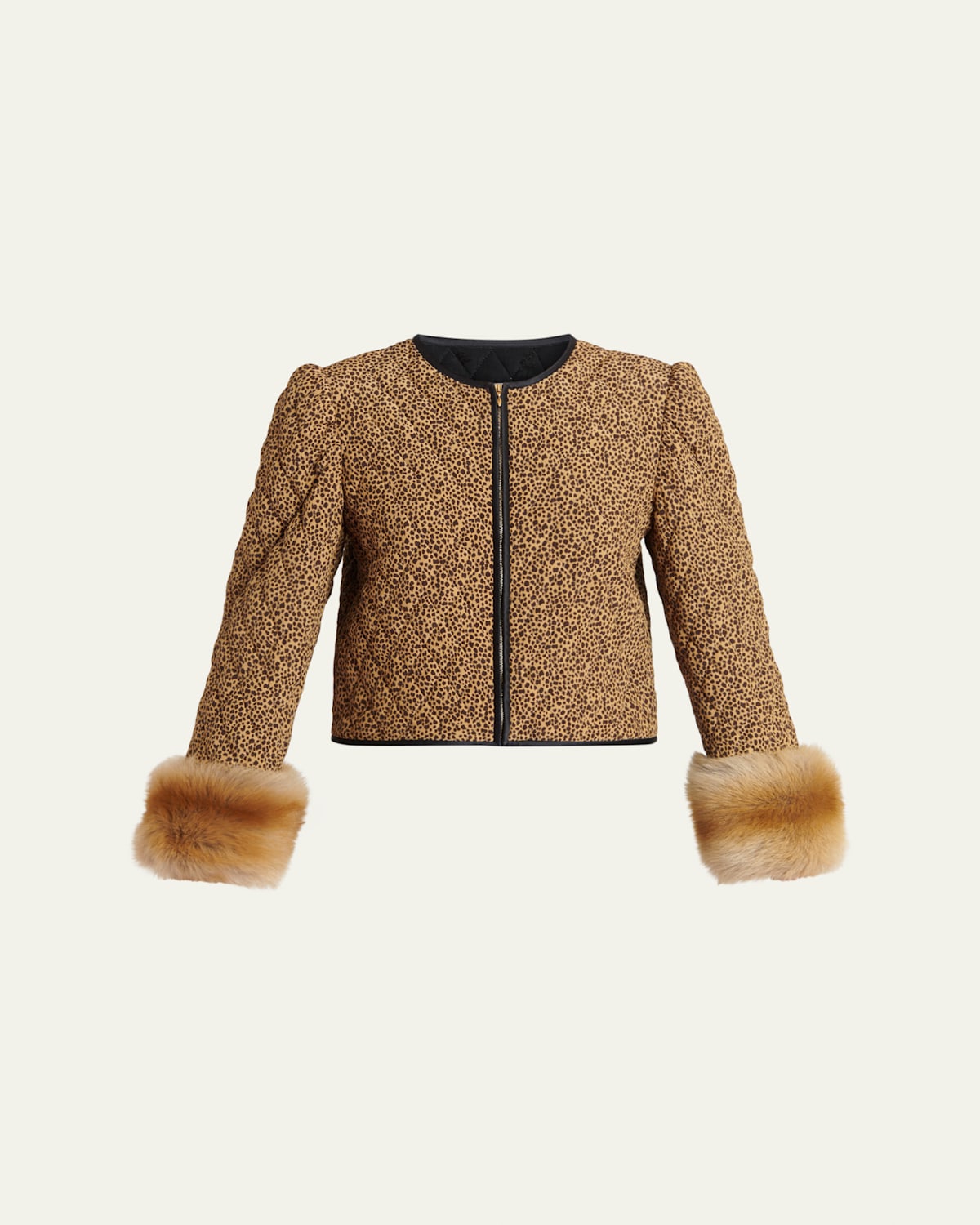 Valentino Quilted Spotted Silk Jacket With Lamb Shearling Cuffs In Safari Print