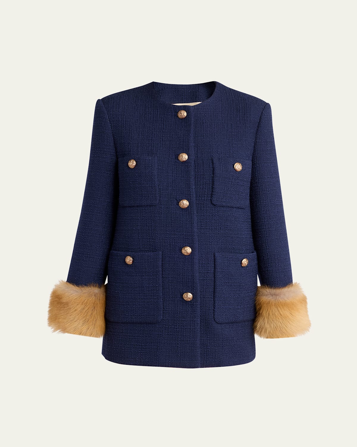 Lamb Shearling Cuffs Tweed Single-Breasted Jacket