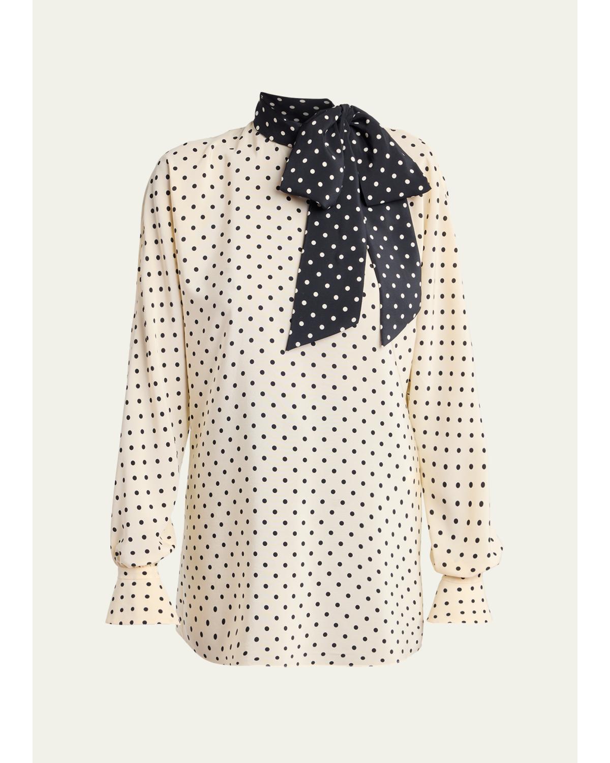 Polkda-Dot Silk Crepe De Chine Neck Scarf Top