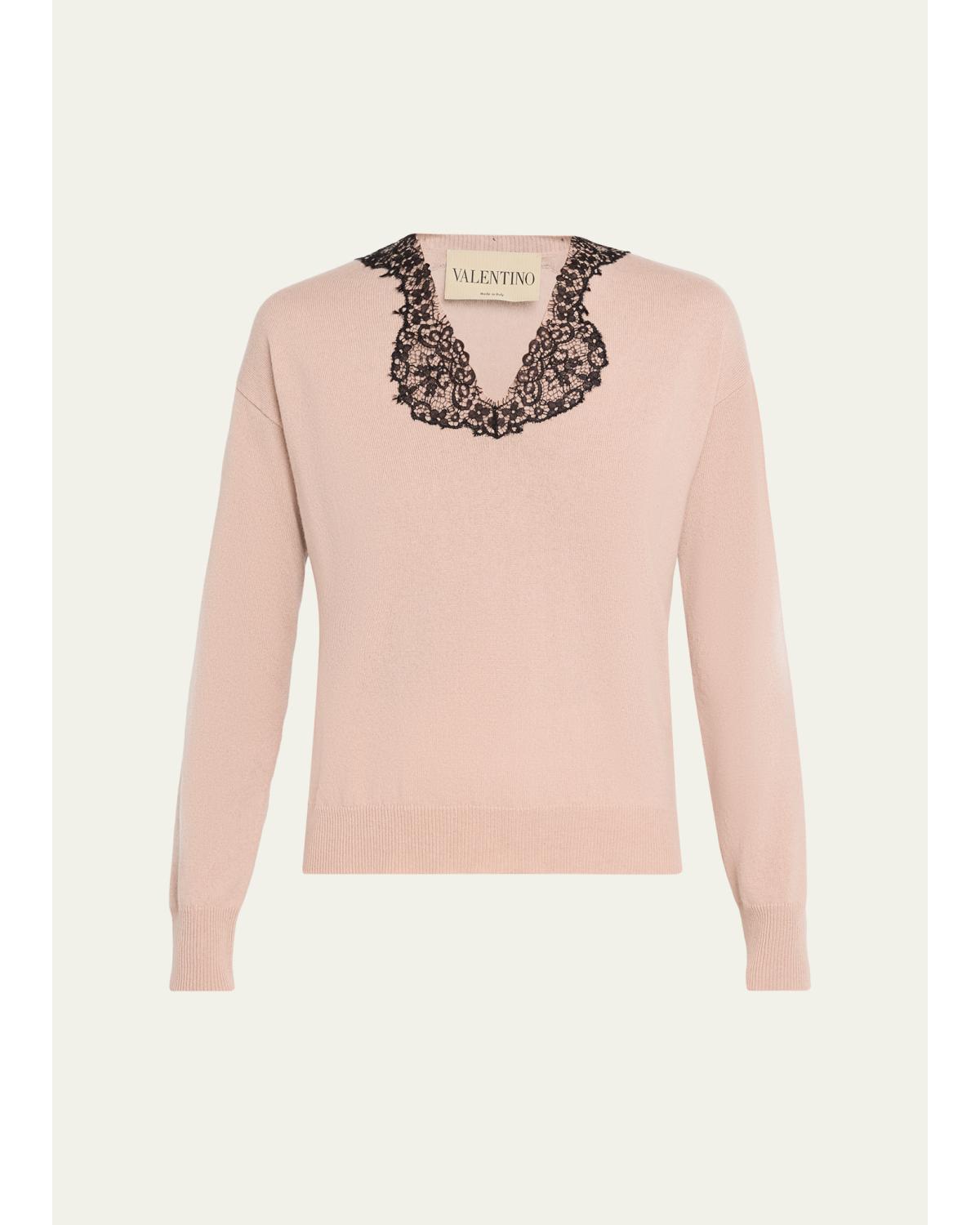 Lace-Trim V-Neck Cashmere Sweater