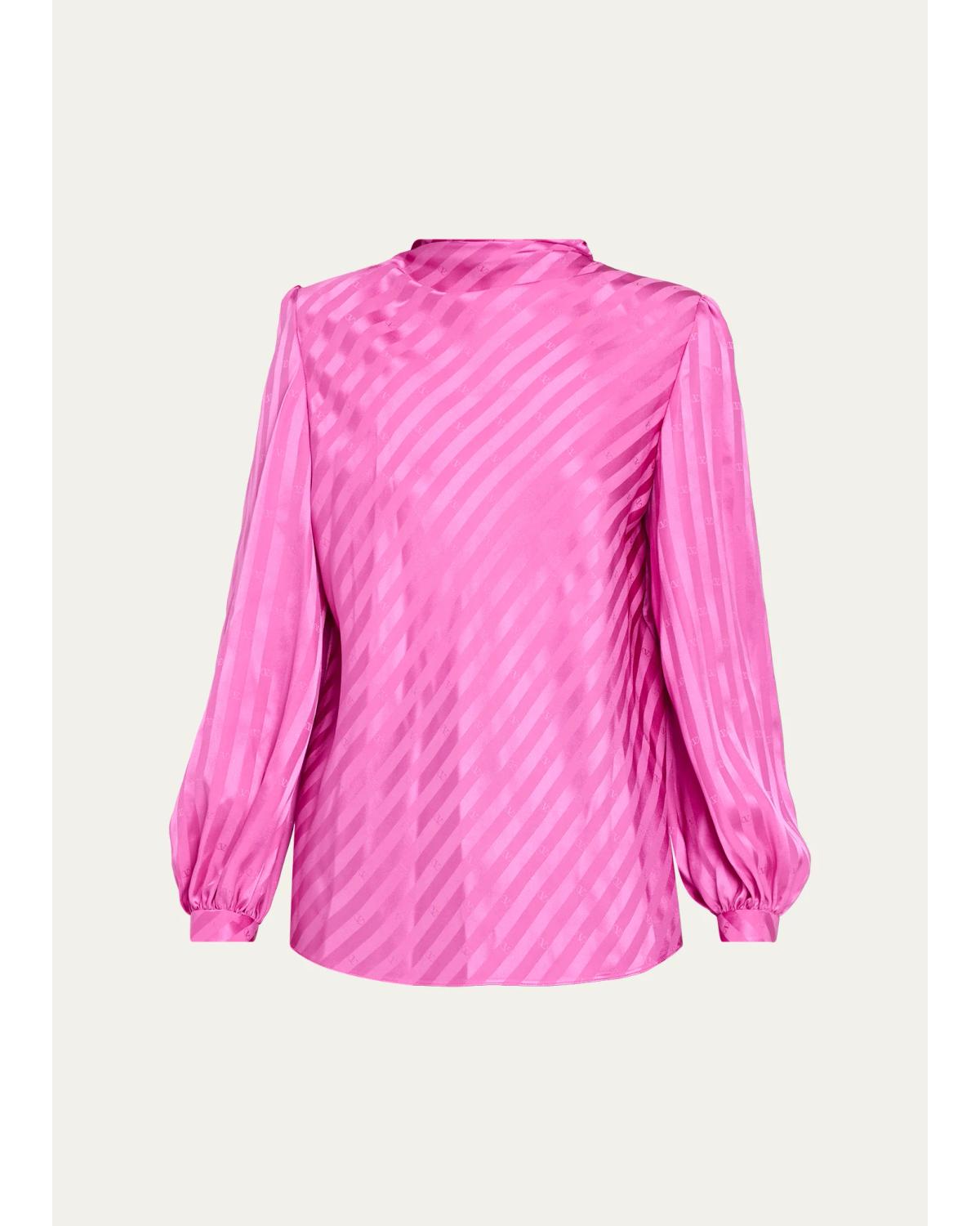Valentino V-logo Striped Silk Jacquard Long-sleeve Blouse In Pink