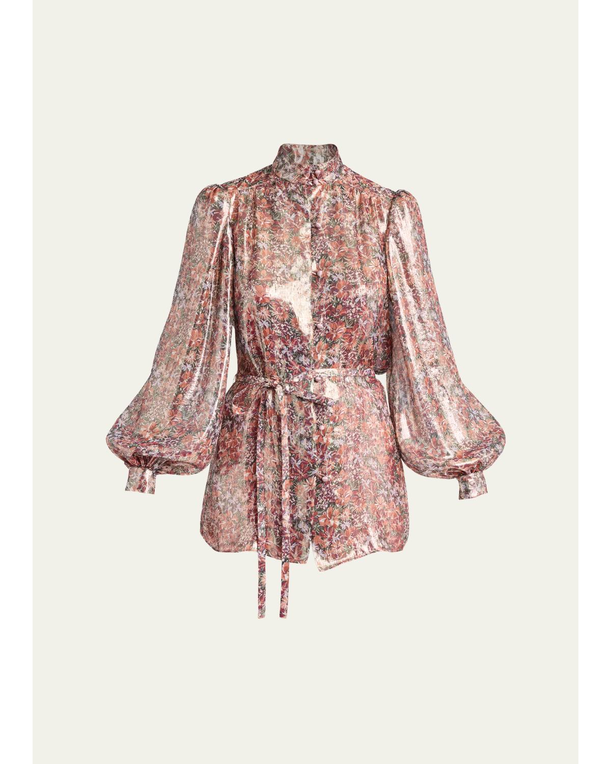 Floral Balloon-Sleeve Button-Down Shirt