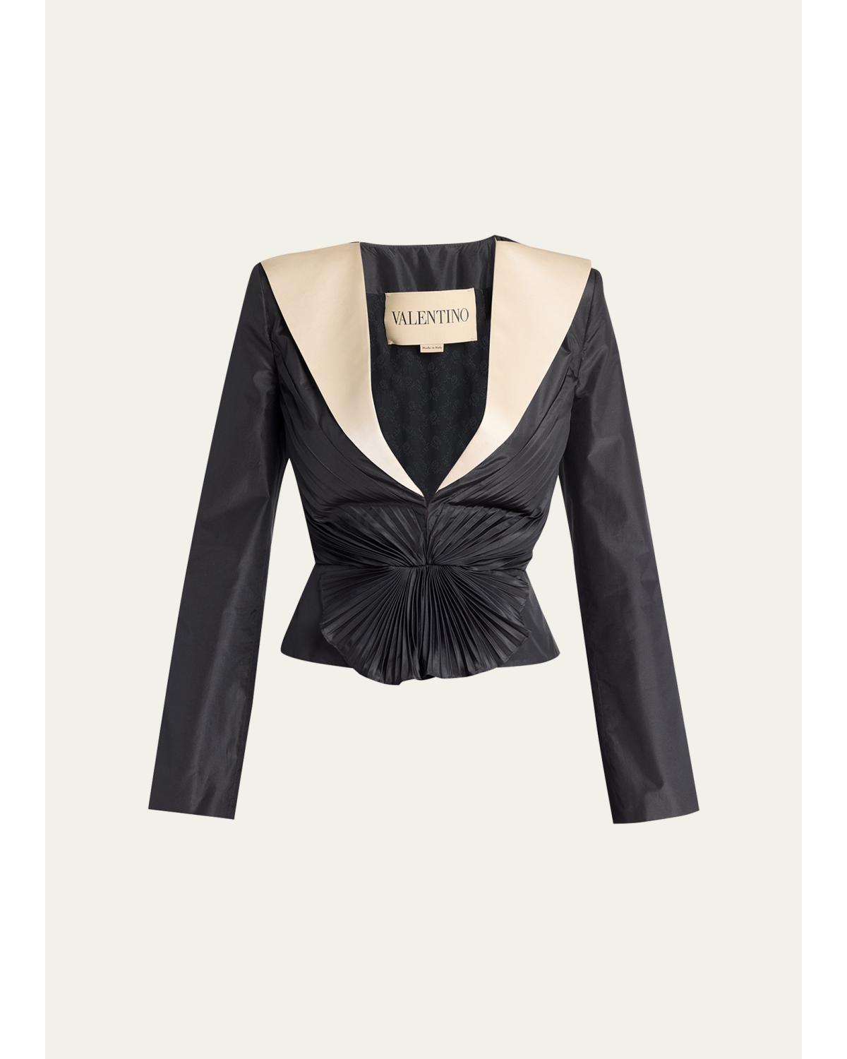 Pleated Silk Taffeta Strong-Shoulder Jacket