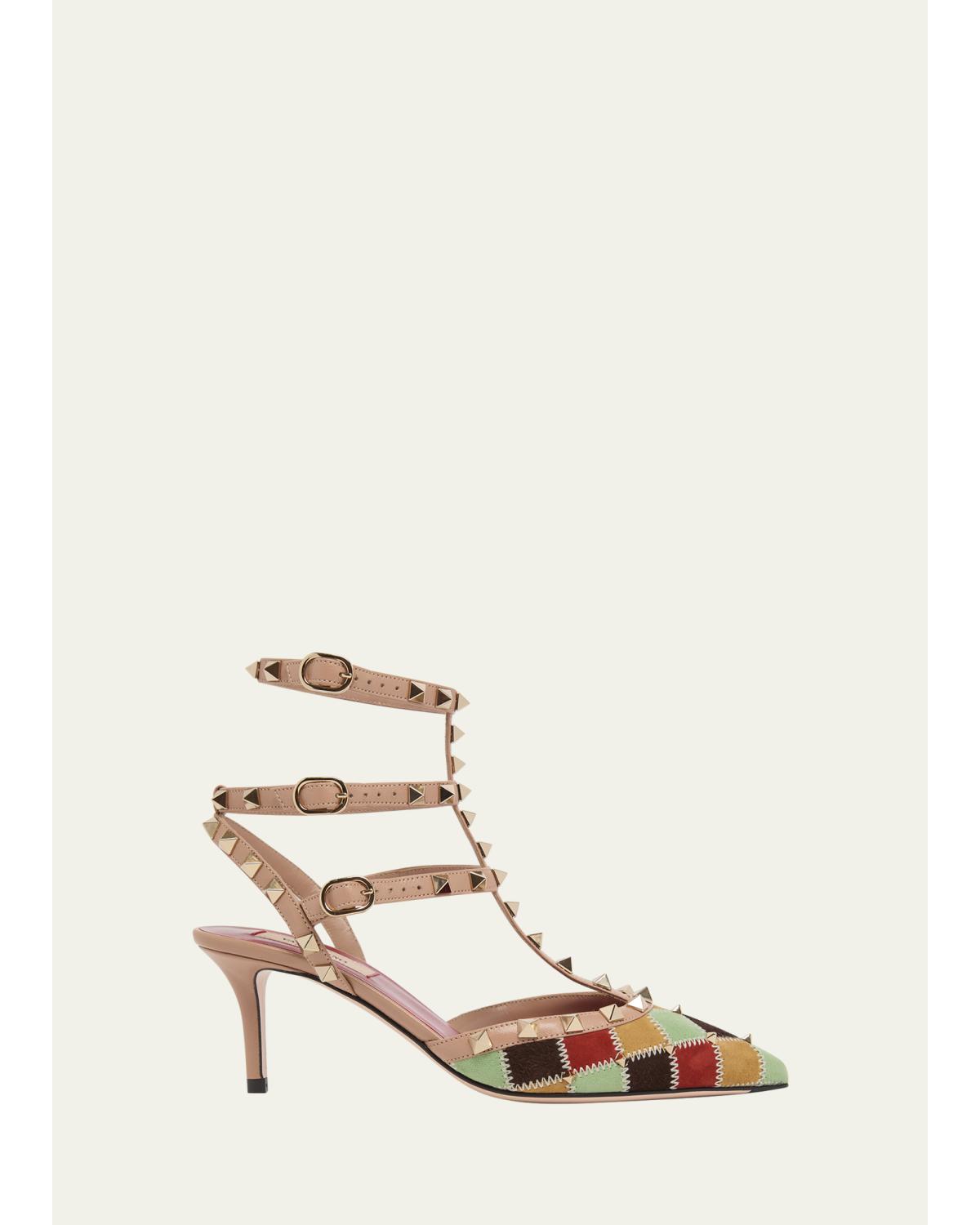 100Mm Rockstud Patchwork Suede Ankle-Strap Pumps