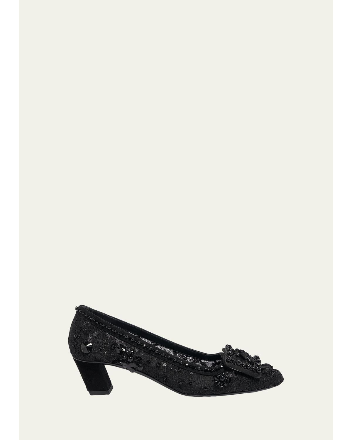 Belle Vivier Buckle Embellished Lace Pumps
