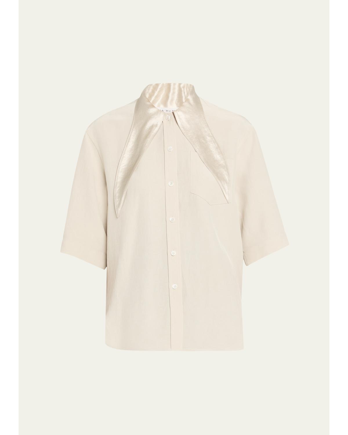 Short-Sleeve Tie-Neck Button-Down Shirt