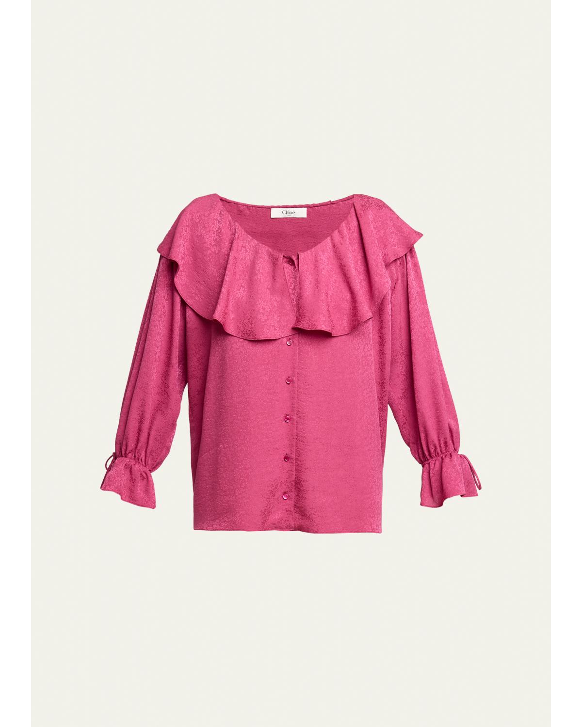 Ruffle Floral Silk Jacquard Button-Front Top