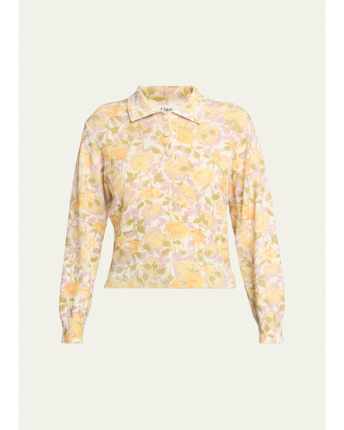 Floral-Print Wool Knit Polo Sweater