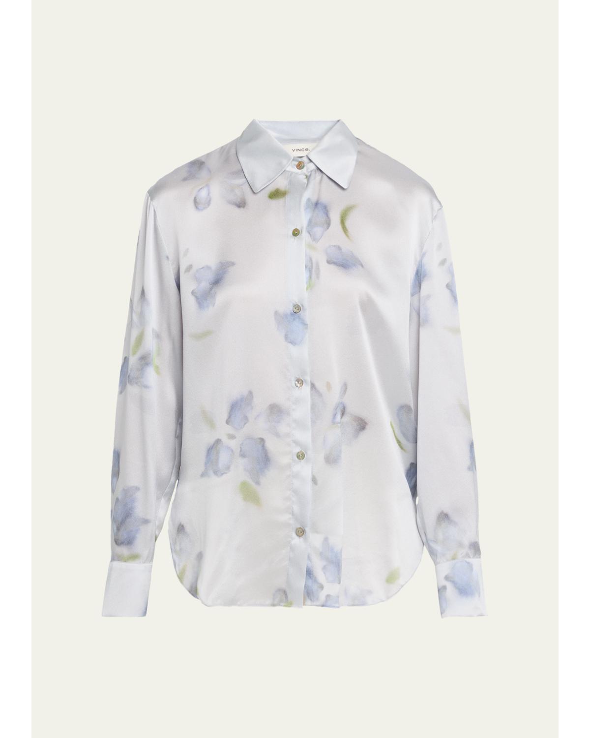 Floral Blur Silk-Satin Blouse