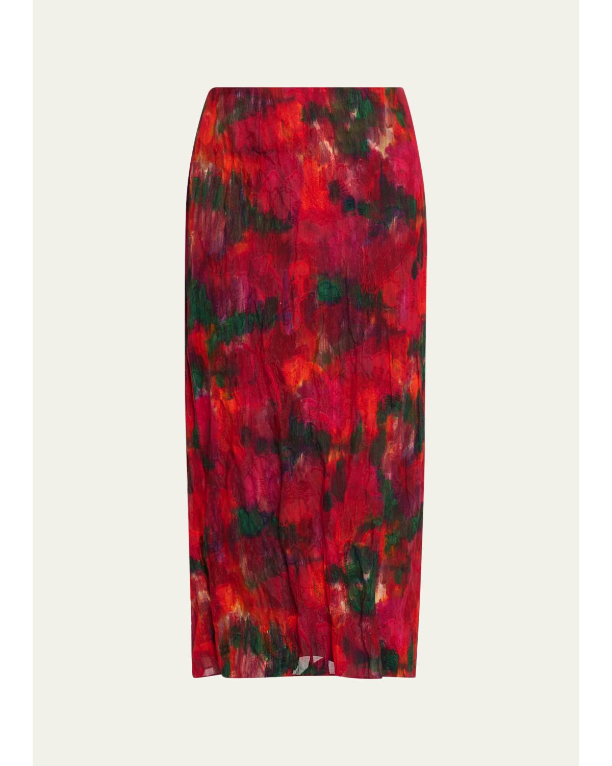 Abstract-Print Crinkled Cotton Midi Skirt