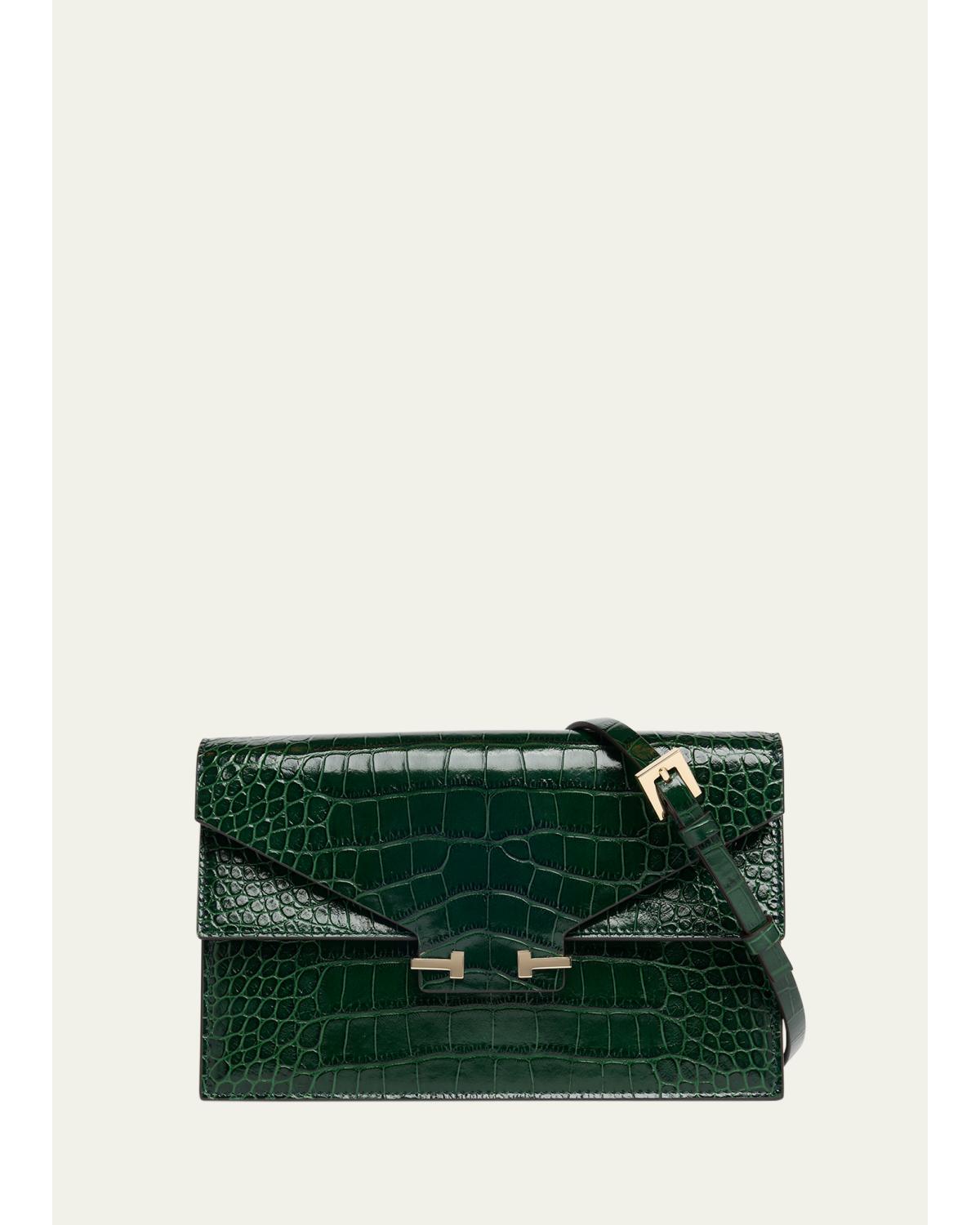Small Croc-Embossed Leather T-Clasp Clutch Bag