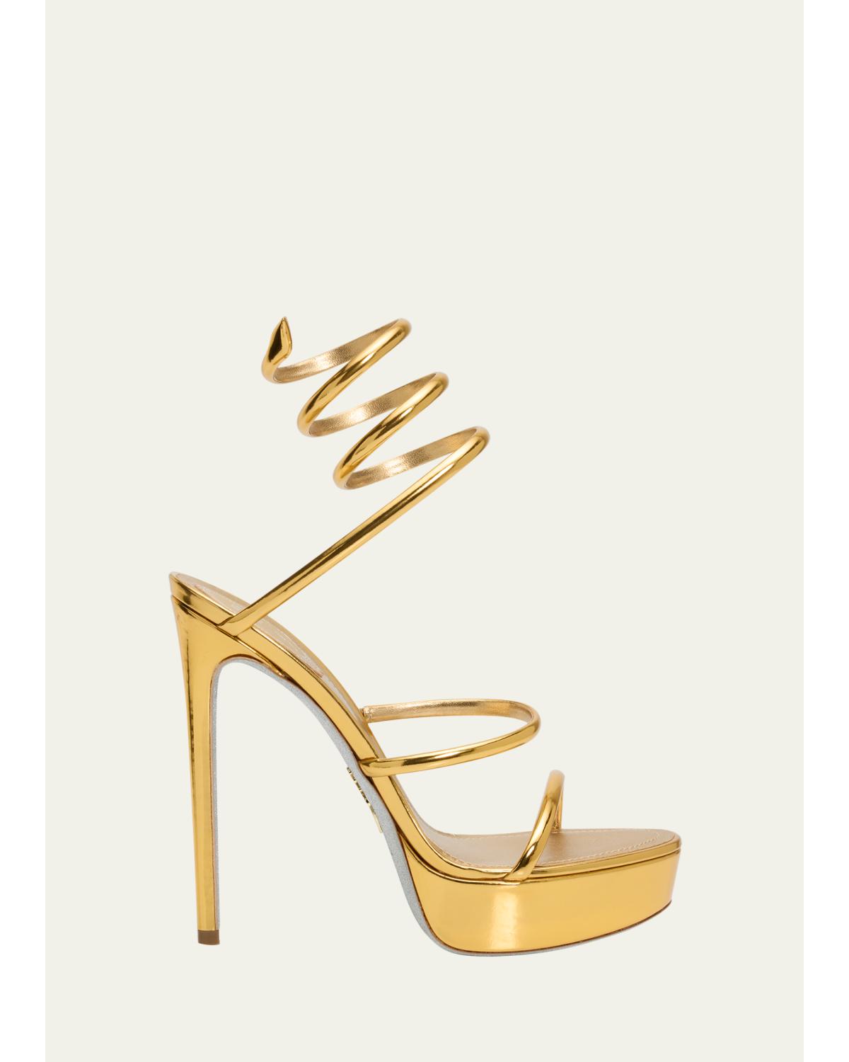130Mm Metallic Leather Platform Snake-Wrap Sandals
