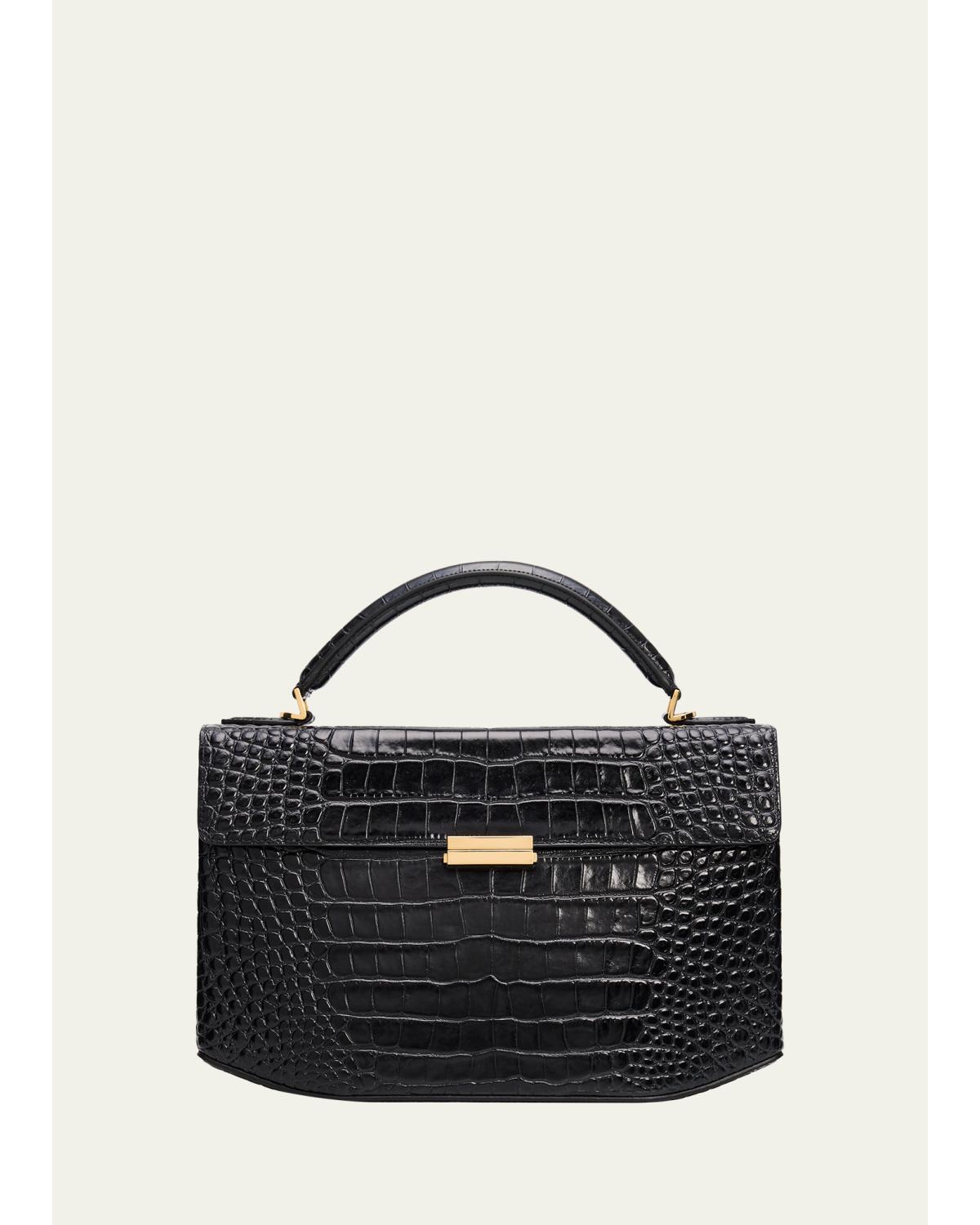 Box Croc-Embossed Leather Top-Handle Bag