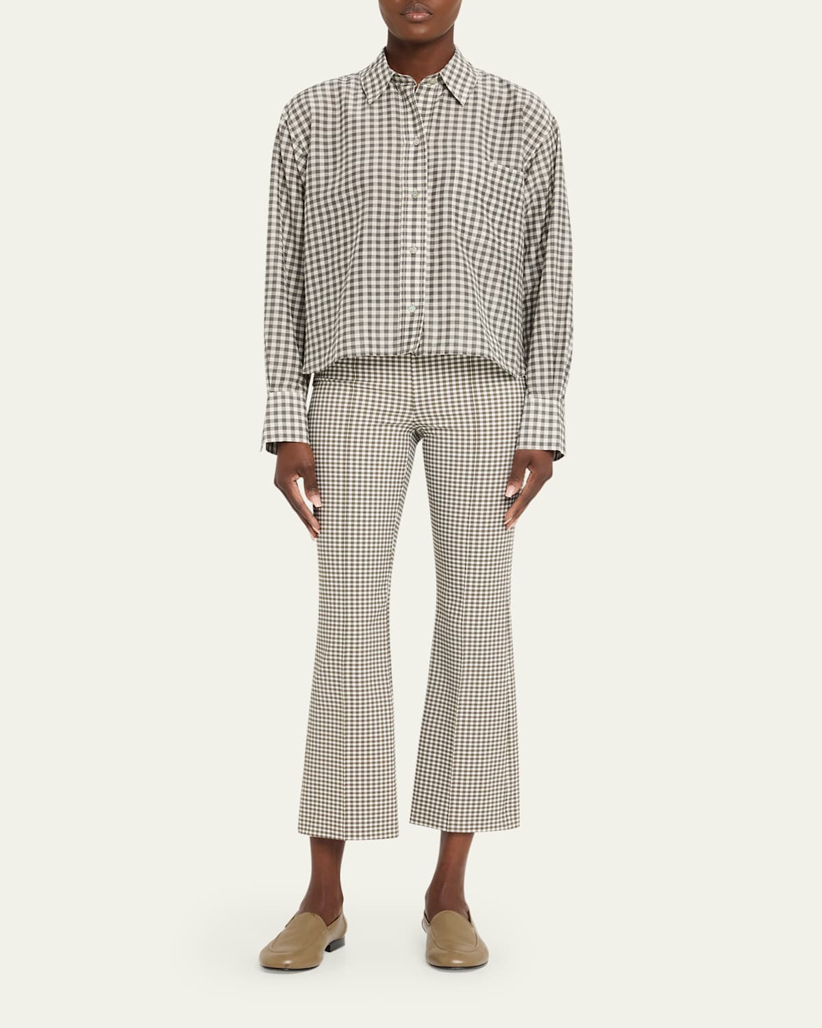 Long-Sleeve Cropped Cotton-Silk Gingham Shirt